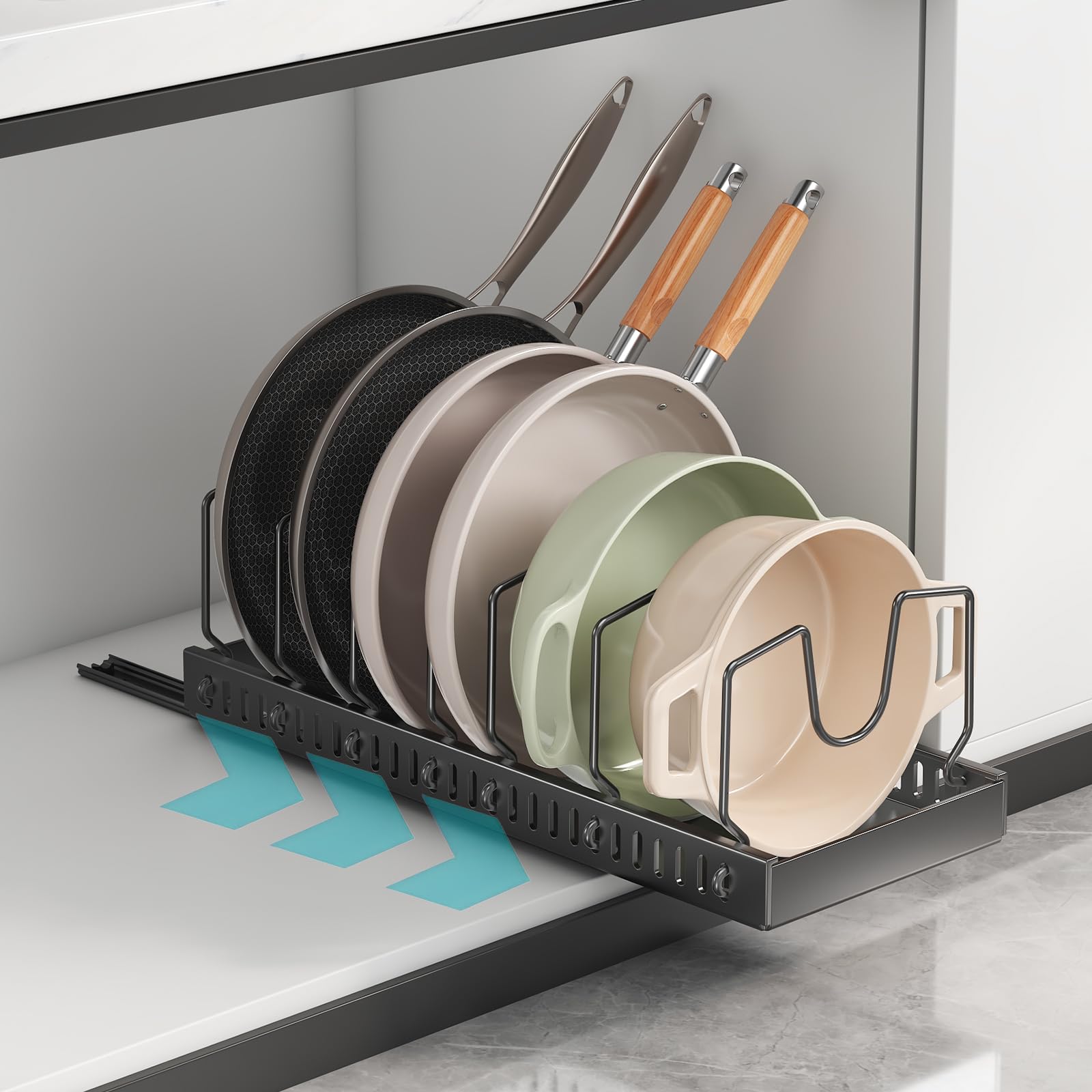 Organizador de tapas de ollas, organizador de ollas y sartenes extraíbles, soporte para tapa de ollas debajo del gabinete para cocina, almacenamiento de ollas y sartenes con 8 separadores ajustables