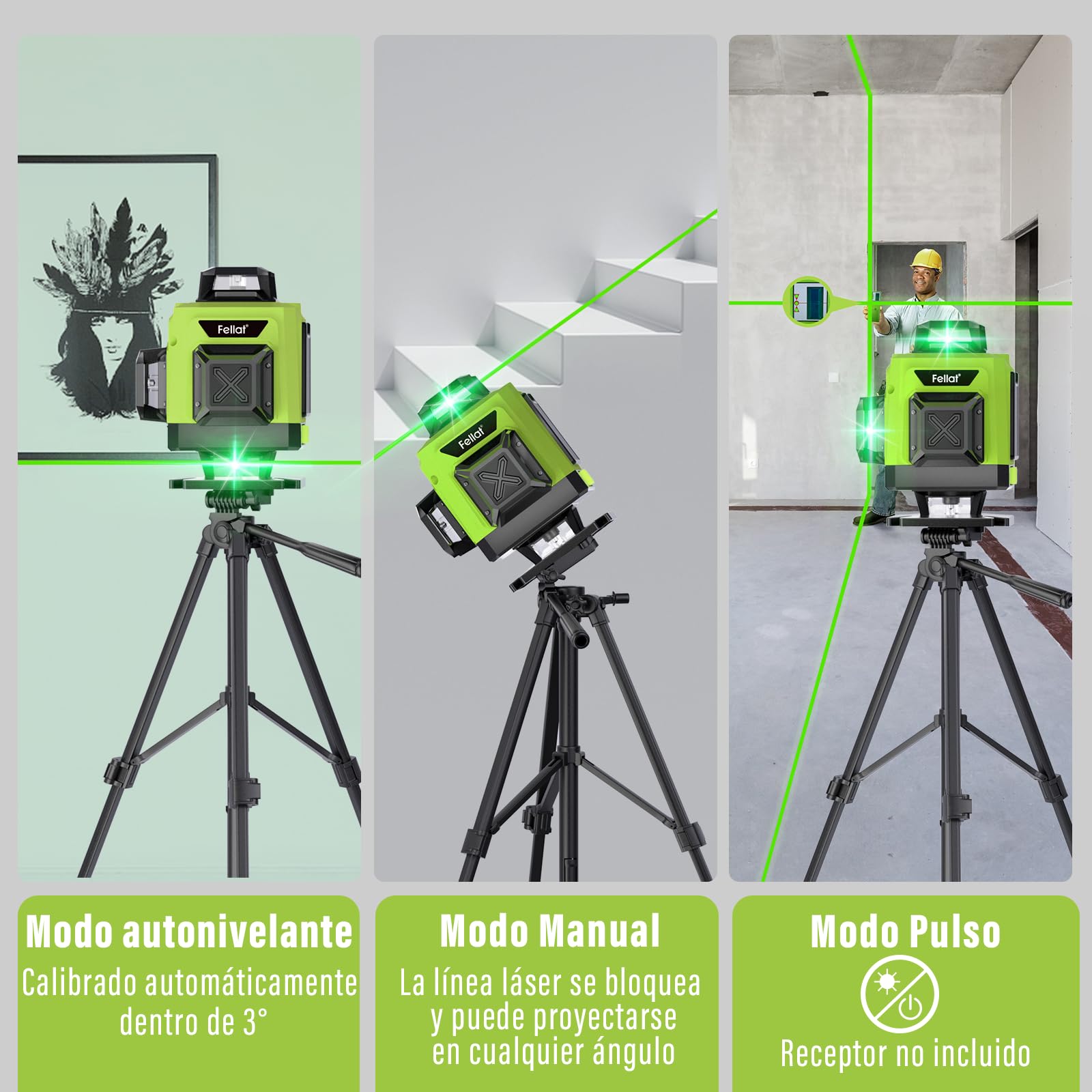 Nivel Láser, FELLAT 4x360° Nivel Laser Autonivelante, Nivel Láser Verde con 2x4800 mAh Batería Recargable, Control Remoto, Soporte Magnético, Estuche acolchado, para Diseño de Mejoras de Hogar