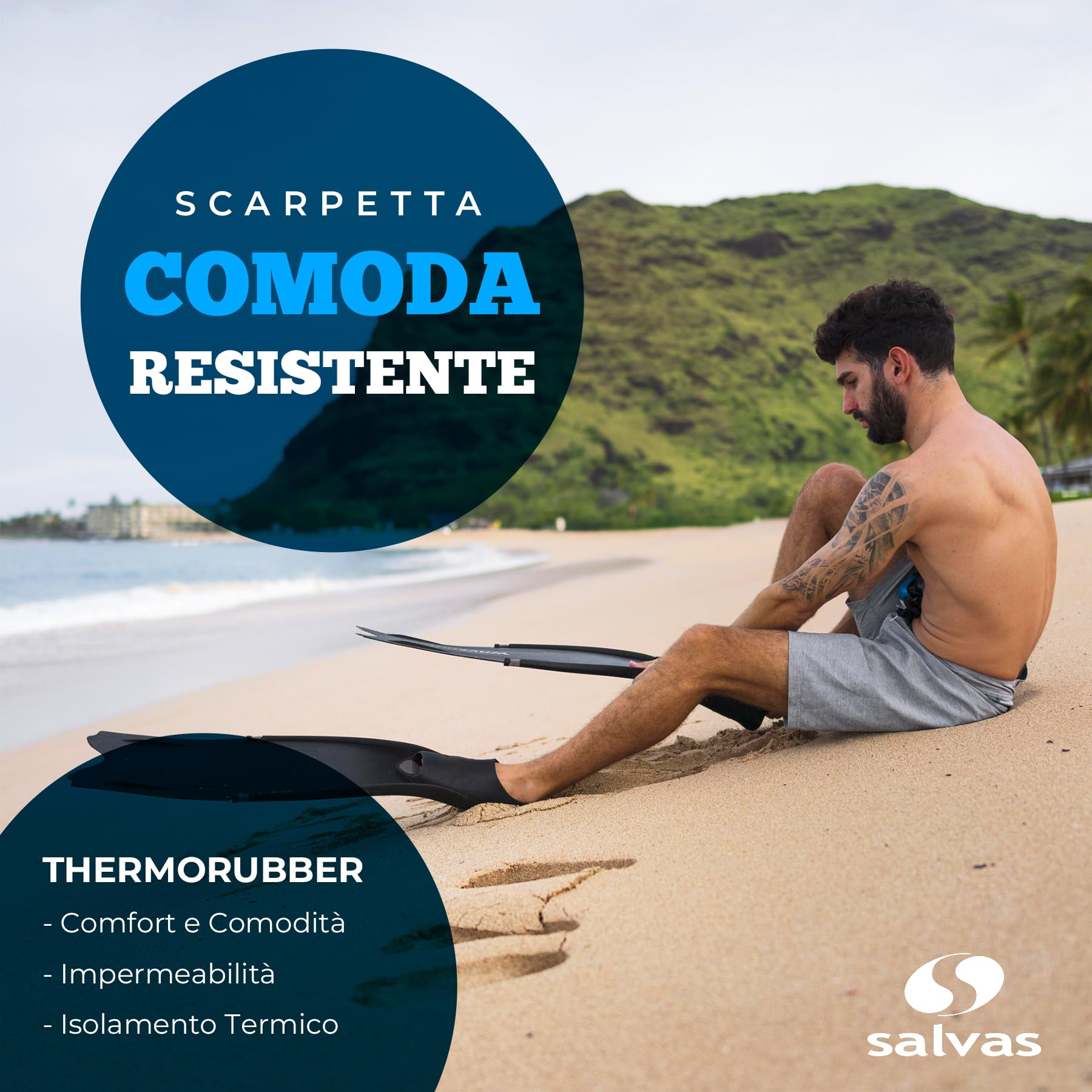 Salvas Pinne Snorkeling Shark - Pinne Uomo Pala Lunga per Snorkeler, Immersioni Libere e con Attrezzatura Subacquea - Scarpetta Thermorubber e Pala Technoflex per Elevate Prestazioni Sport Acquatici