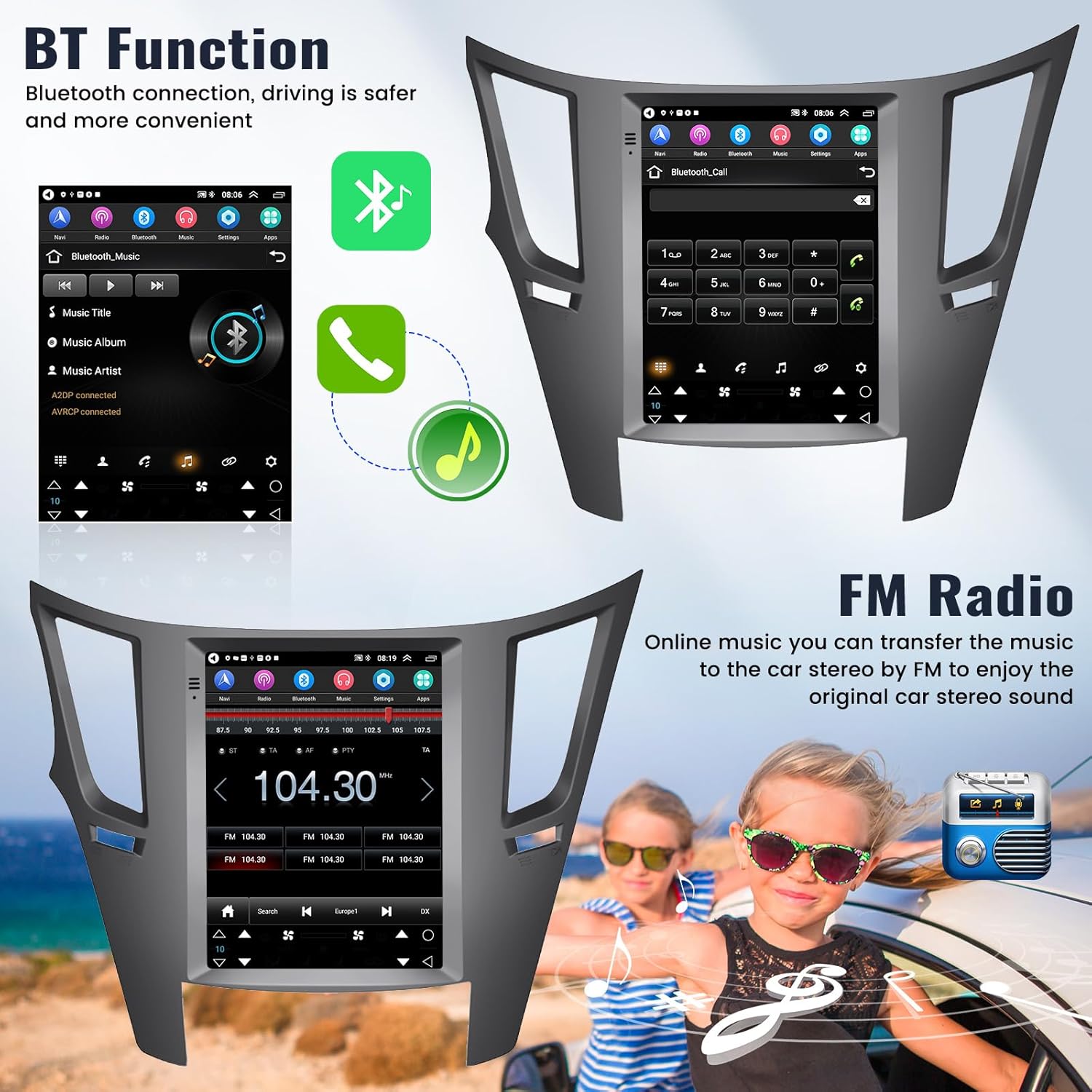 Image showing the Bluetooth call interface and music playback screen on the car stereo, alongside FM radio tuning options.