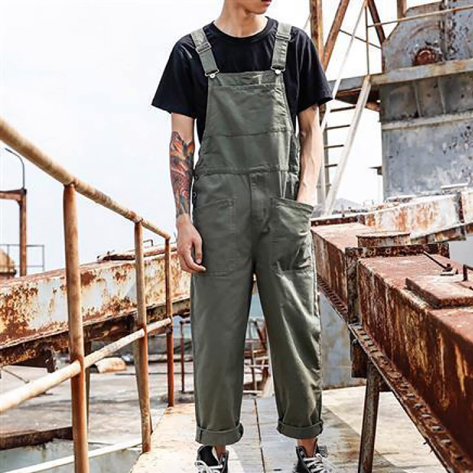 Overol con peto para hombre, de pierna ancha, de algodón, moderno, ajustado, ajuste relajado, casual, con bolsillos, pantalones cargo ligeros, para adultos, para trabajo, al aire libre, overol