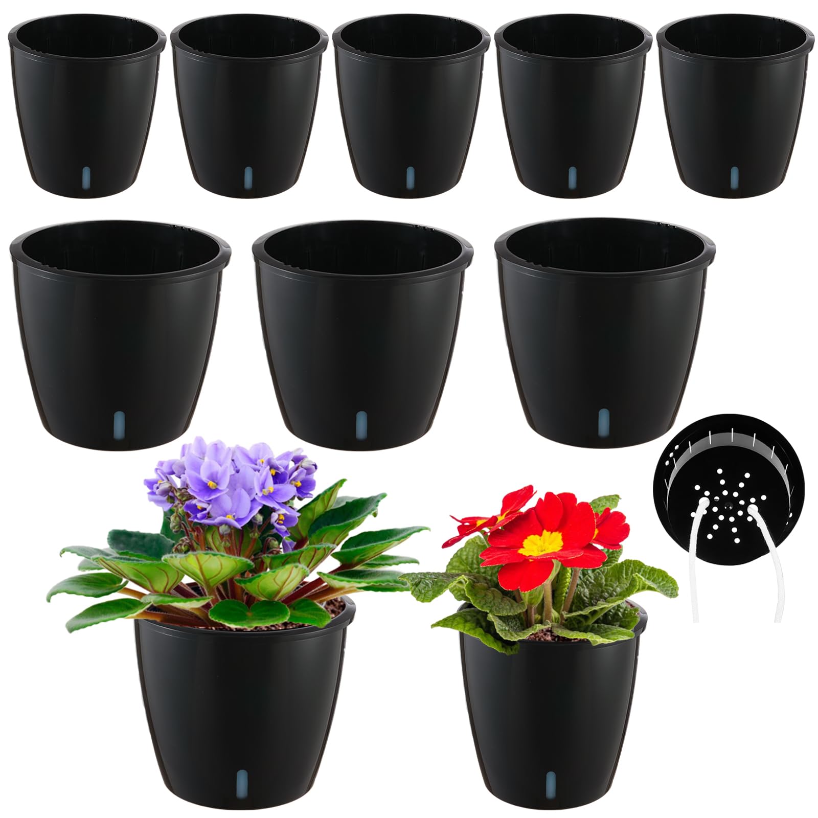 Planterhoma 5/6.7 Inch Self Watering Pots for Indoor Plants, 8 Packs Self Watering Planters for Orchid, Spider Plant, Devil's Ivy & African Violet, Water Indicator & Black Wick Pots, Black