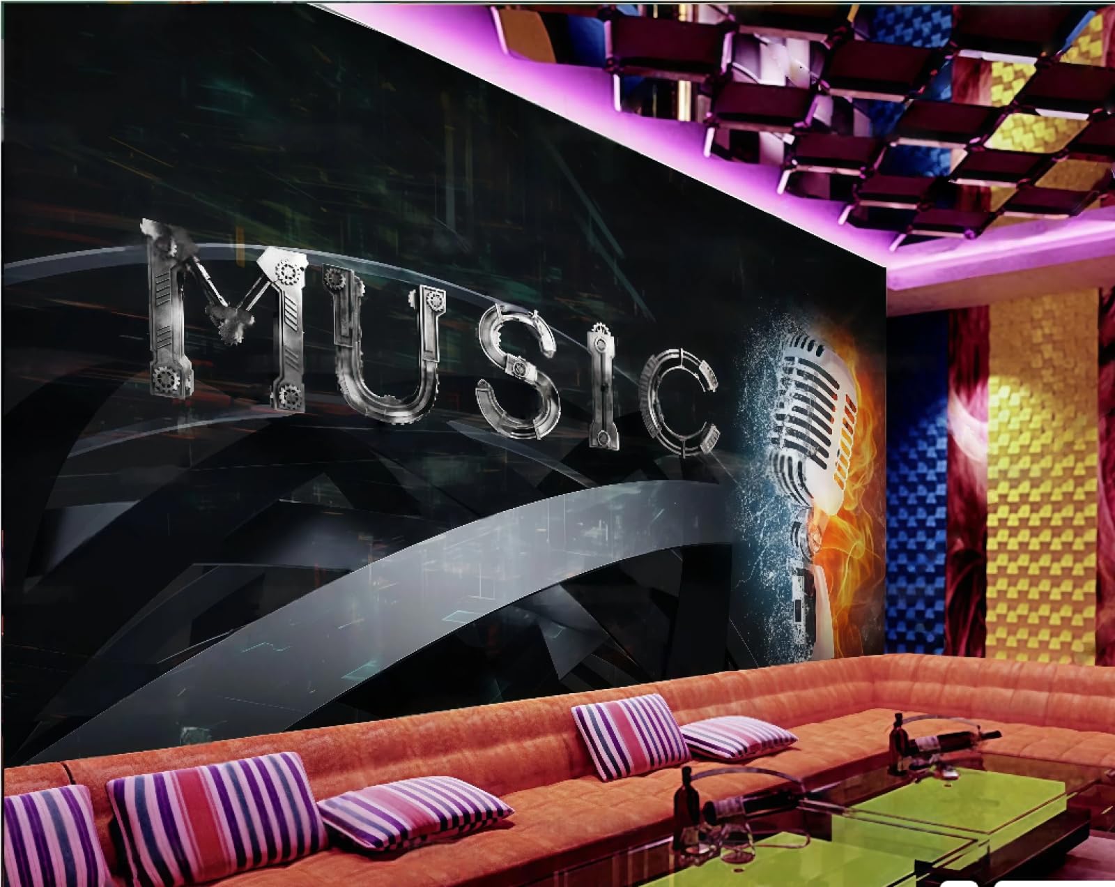 Rskjdghshd 3D Wallpaper Cool Black Three-Dimensional Ice And Fire Microphone Music Theme Nightclub Bar Western Restaurant Background Wall Mural Afternoon Tea Coffee Shop Wallpaper,,300X210cm