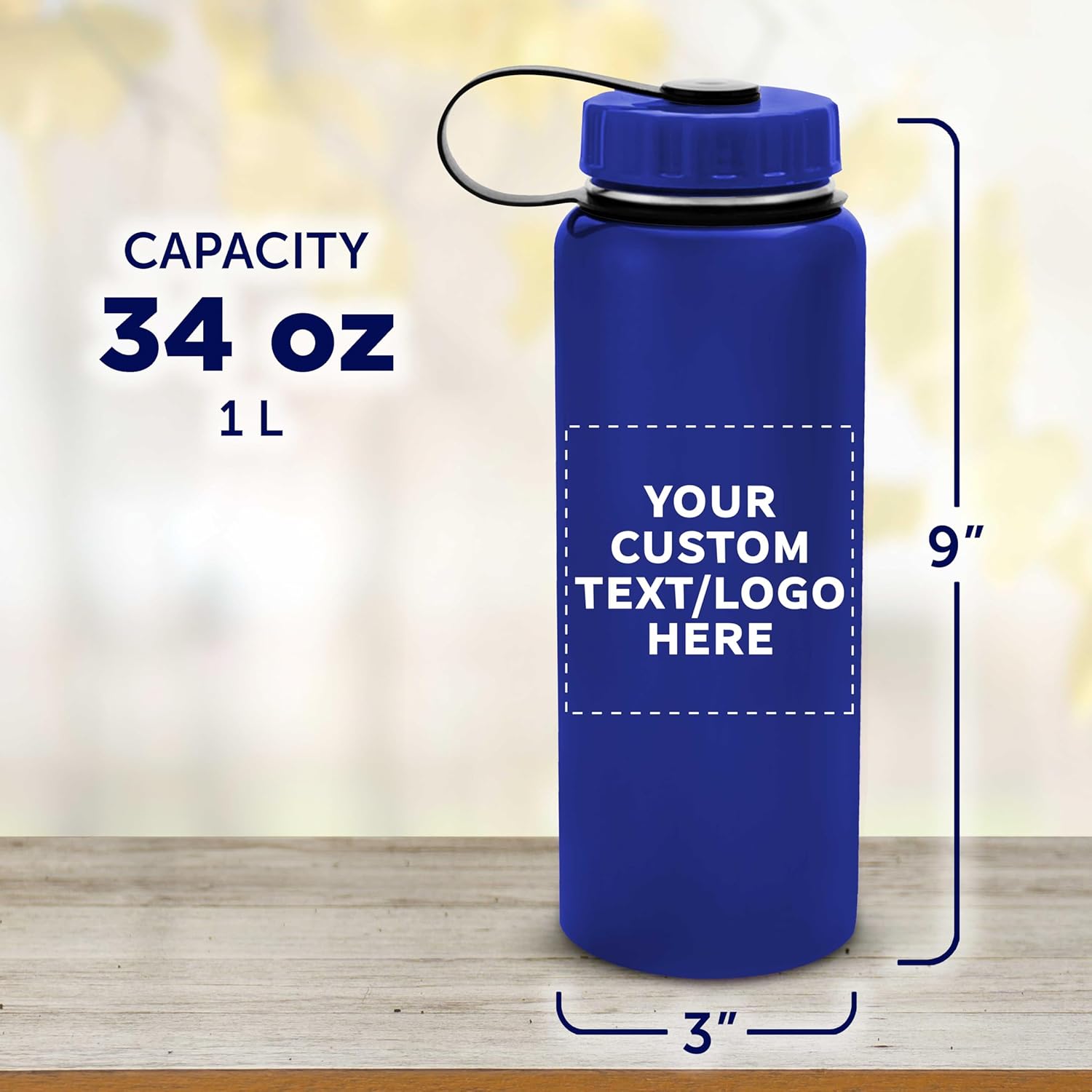 DISCOUNT PROMOS Custom Stainless Steel Sports Bottles with Lids 34 oz Set of 6/12/24 Personalized Bulk Pack BPA Free Great for Gym Hiking Picnic - Blue