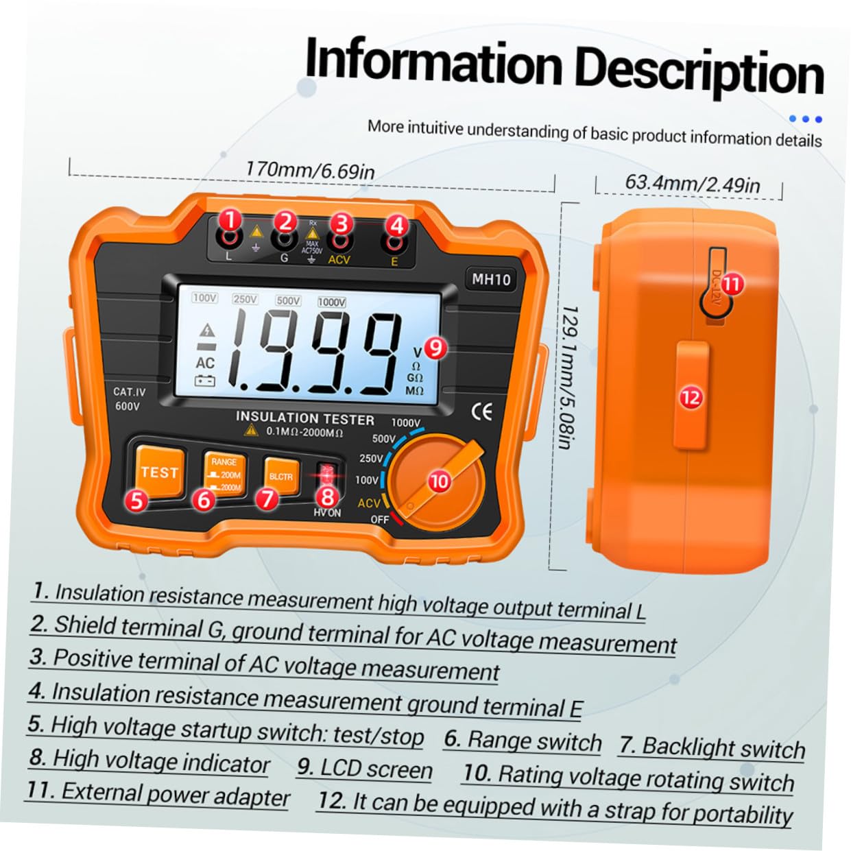 Ipetboom Tester di a di Tensione di Isolamento Misuratore di Elettrica in Abs Digitale Display Lcd Retroilluminato per Cavi di Alimentazione e Condensatori