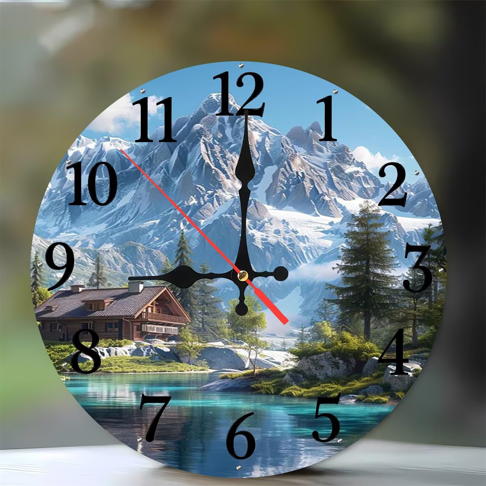Horloge murale 35 cm chalet bord du lac montagne moderne en bois pour cuisine salon