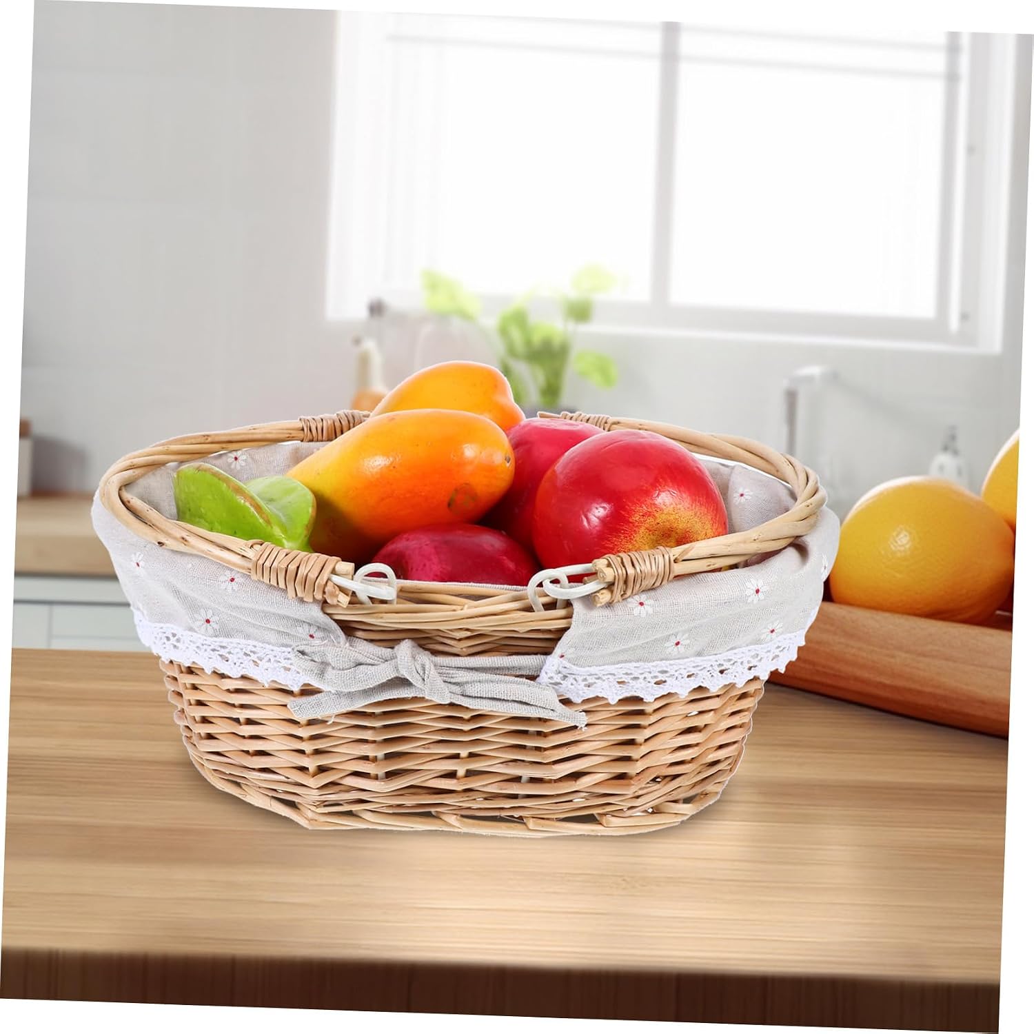 Outanaya Handwoven Picnic Hamper Basket with Handle Rustic Wicker Storage for Fruits Vegetables and Flowers for Outdoor Gatherings and Home Organization Beige