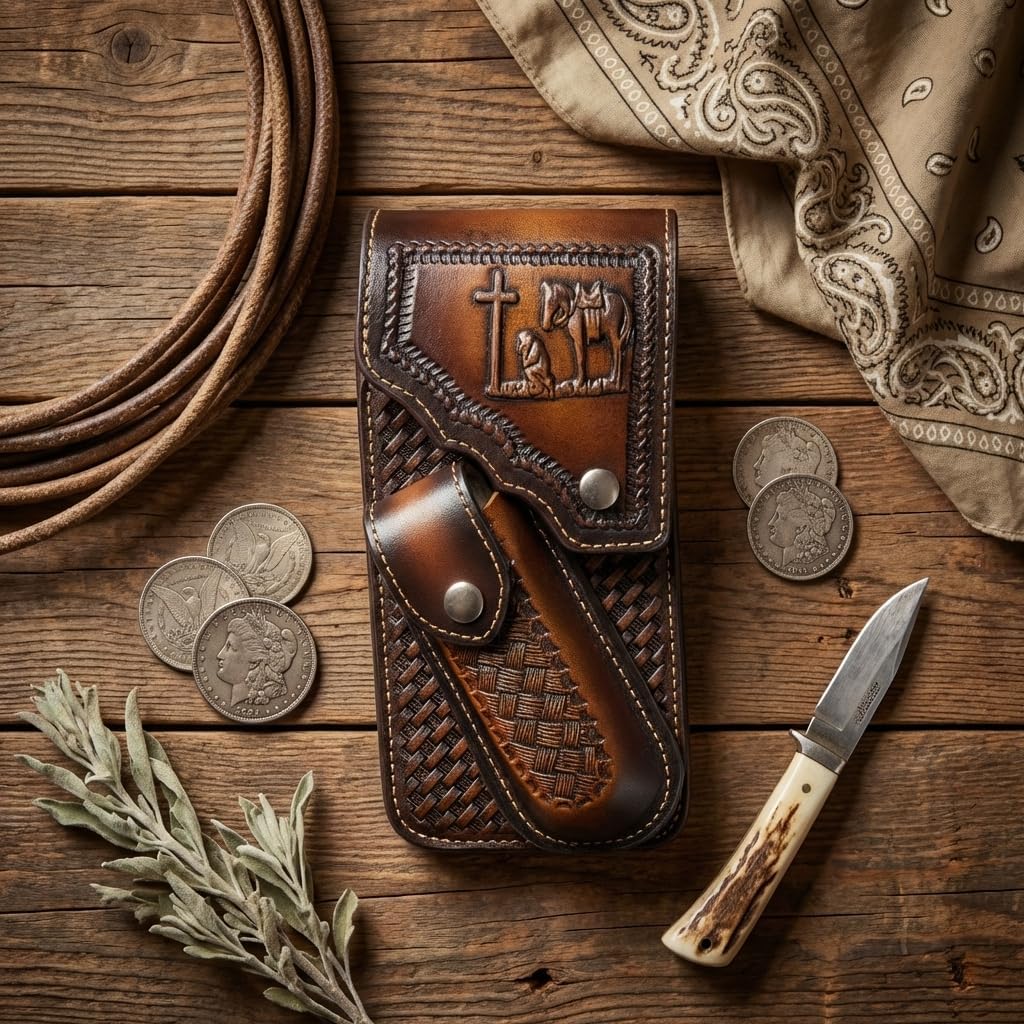Leather Phone Holster with Knife Sheath - Praying Cowboy Embossed Belt Clip Pouch - Basketweave Pattern (Brown)