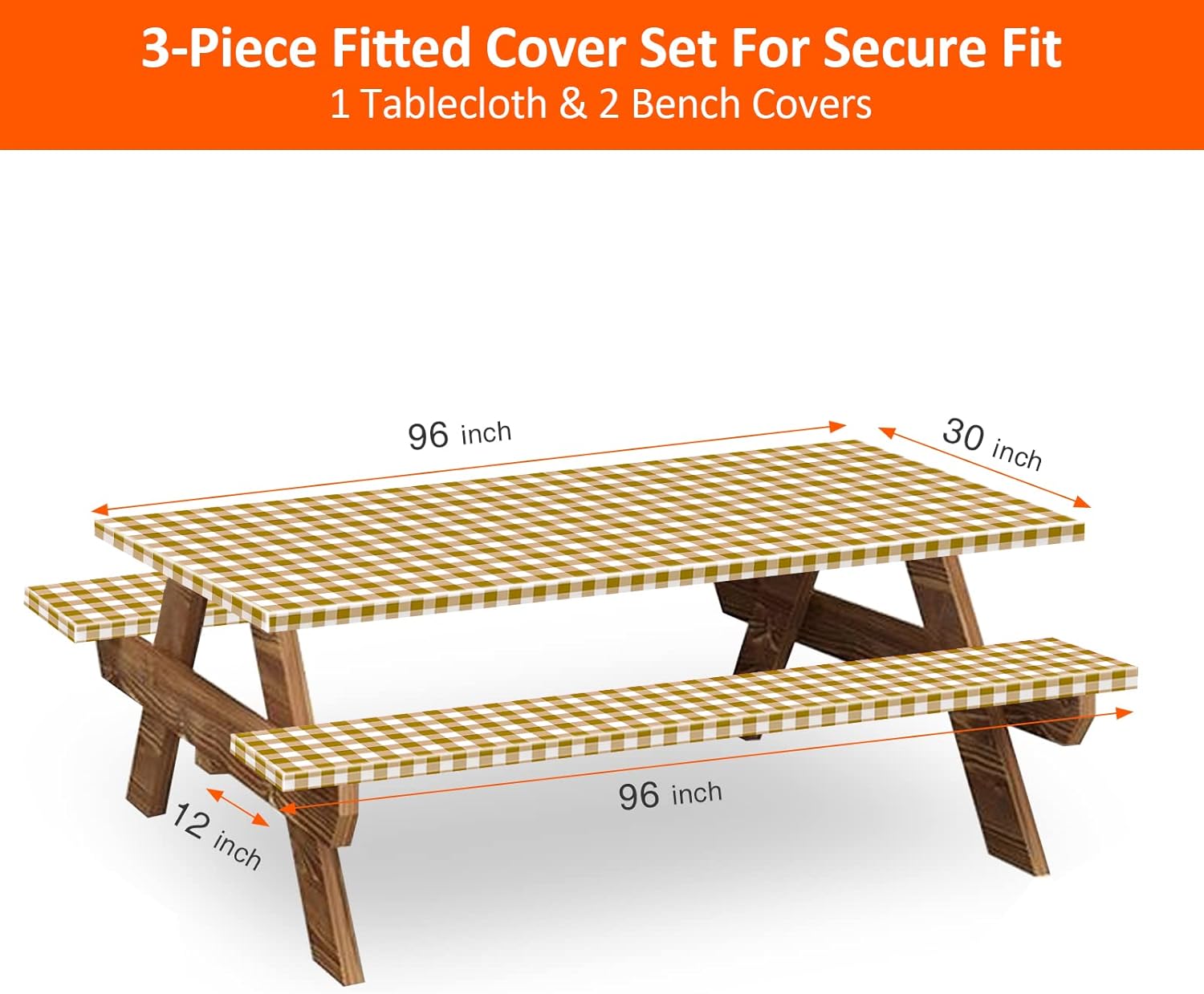 KENOBEE 8ft Picnic Table and Bench Cover, Camping Essentials RV Gear, 96 in Waterproof Windproof Outdoor Elastic All Around Tablecloth, Fitted Rectangle Tables and Seats, Coffee-White Checkered