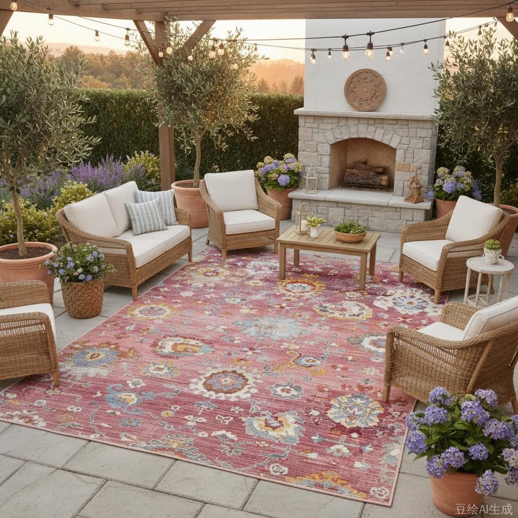 Pink Floral Boho Distressed Texture Washable Outdoor Rug for Patio Deck Hallway Balcony Porch Waterproof Non Slip Outside Area Rug Soft Stain Resistant Bathroom Laundry Room Carpet Mat 5x7