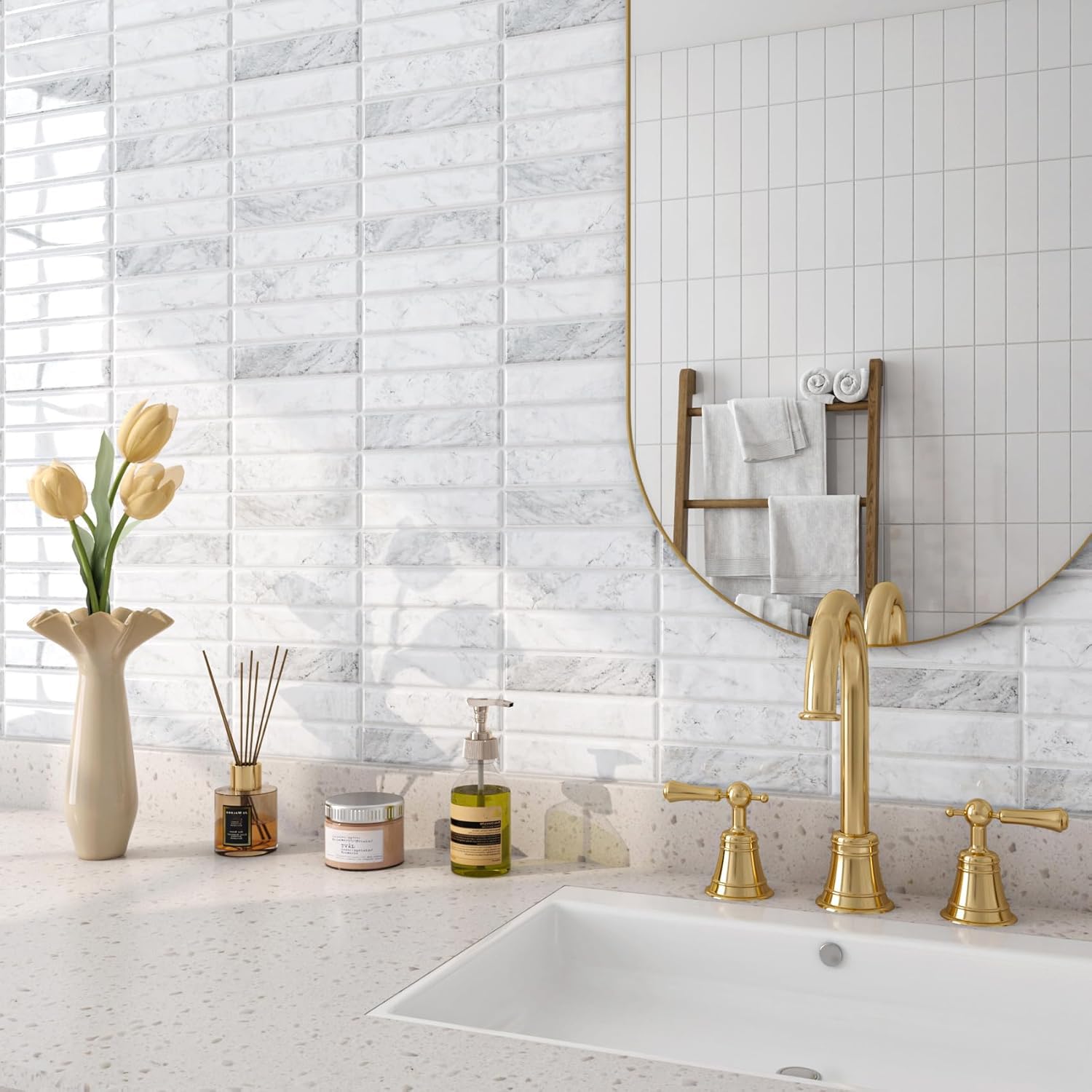 FunStick 30CMx30CM 30 Pezzi Rivestimento Piastrelle Cucina Adesivo Effetto Marmo Impermeabile Pannello Paraschizzi Cucina Adesivo Bianco Grigio Adesivi Murali 3D Piastrelle Adesive Bagno Mattonelle