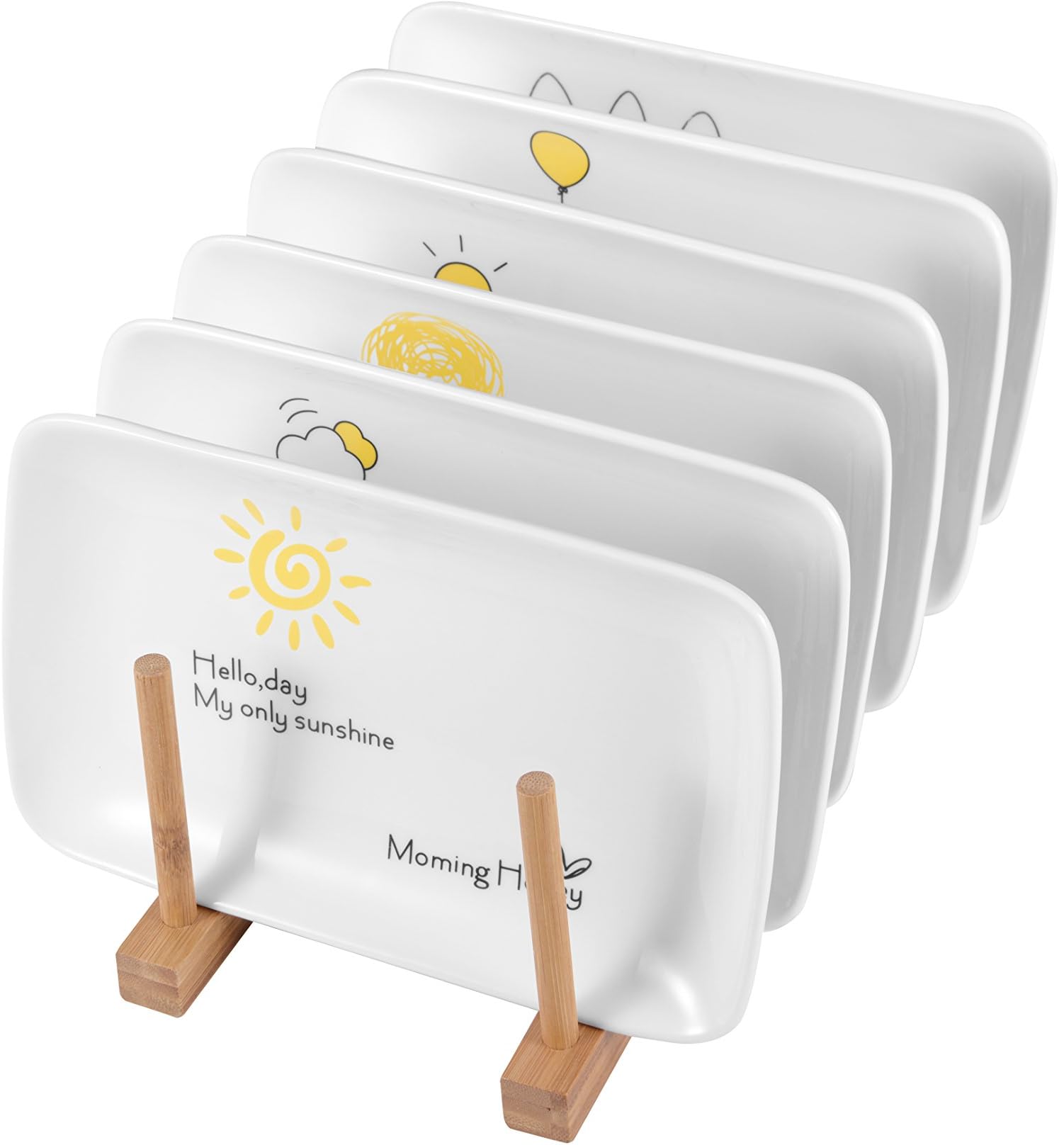 6 Pieces Porcelain Rectangle Dinner Plate Set Breakfast Plates Set Ceramic Plates Set 8 inch White with Different Yellow Warm Lovely Patterns and Characters - A Perfect Gift For Christmas 20.5*12.5cm (Sunny)