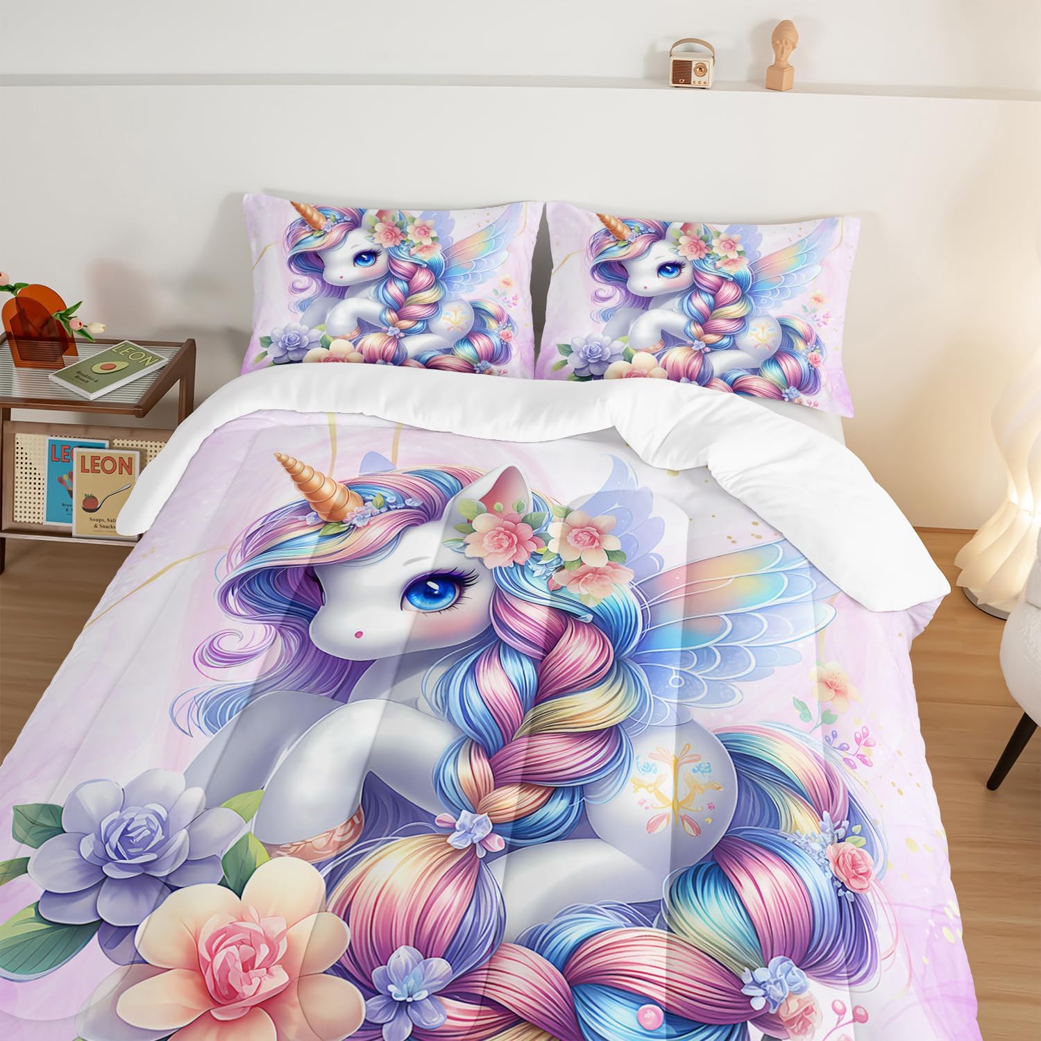 HOSIMA Unicorn Twin Comforter Set for Teenage Girl Room Decor,Kawaii Unicorn with Wings Surrounded by Flowers Print Animal Bedding,Fluffy Cute Bedding for Princess with 2 Pillowcases.