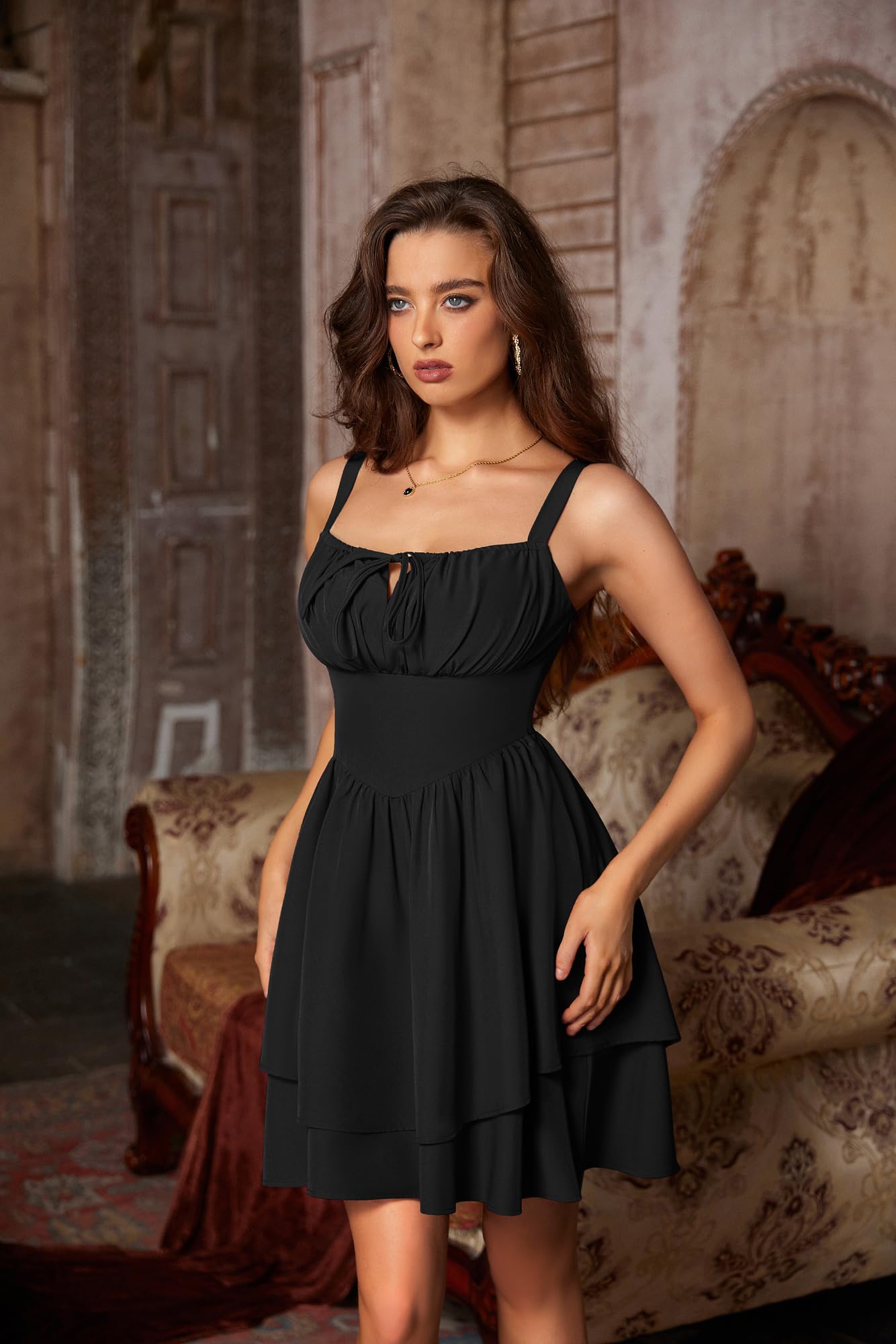 SCARLET DARKNESS Abito Donna Stile Vittoriano Corto Estivo con Stampa Elegante Spaghetti e Vita Stretta