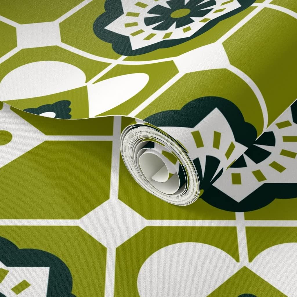 Spoonflower Peel & Stick Wallpaper 3ft x 2ft - Mid Century Modern Tiles Green Vintage Retro Geometric Custom Removable Wallpaper