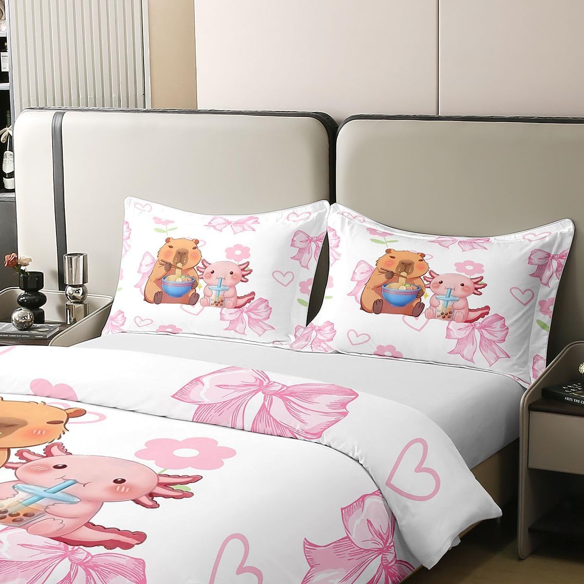 jejeloiu Cute Capybara Duvet Cover 100% Cotton Twin Size Boys Girls Salamander Axolotl Bedding Set Breathable Soft Pink Bow Comforter Cover 2Pcs Animals Lovers Bedroom Decor Microfiber Zipper Closure