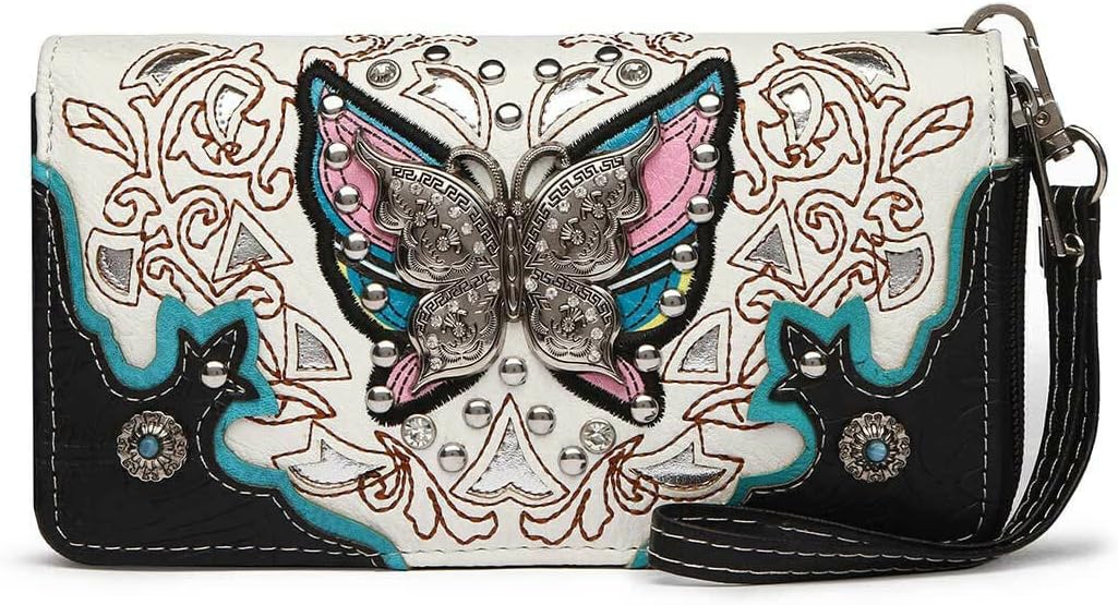 Western Style Butterfly Rhinestone Concho Studded Embroidered Floral Country Wrist Strap Women Wristlet Double Zip Wallet (Black)