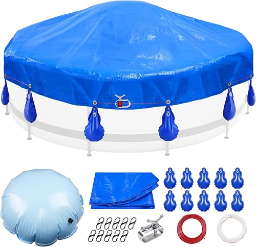 15'/18'/21'/24'Round Pool Cover for Above Ground Pools, Above Ground Pool Cover Kits with Pool Pillow, Pool Cover Weights, Wirerope & Rope Tensioner and Hooks, Pool Winter Cover Accessories