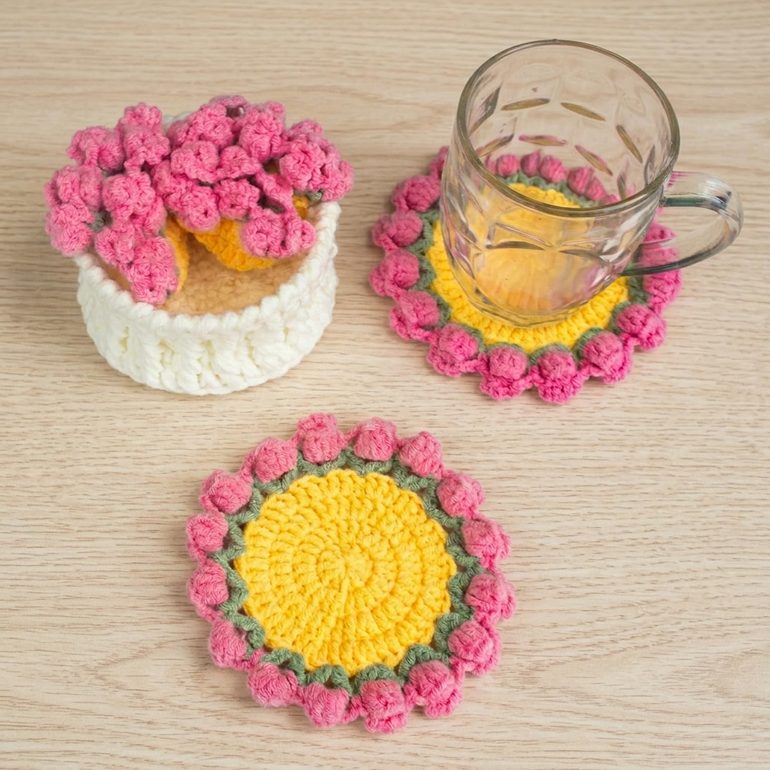 Handmade Crochet Coasters, Cute Coasters Set of 4, Crochet Plant Pot Coaster Set for Drinks with Flowerpot Holder, Fun Soft Decorative Coasters Housewarming for Holiday Bar Desk (Pink)