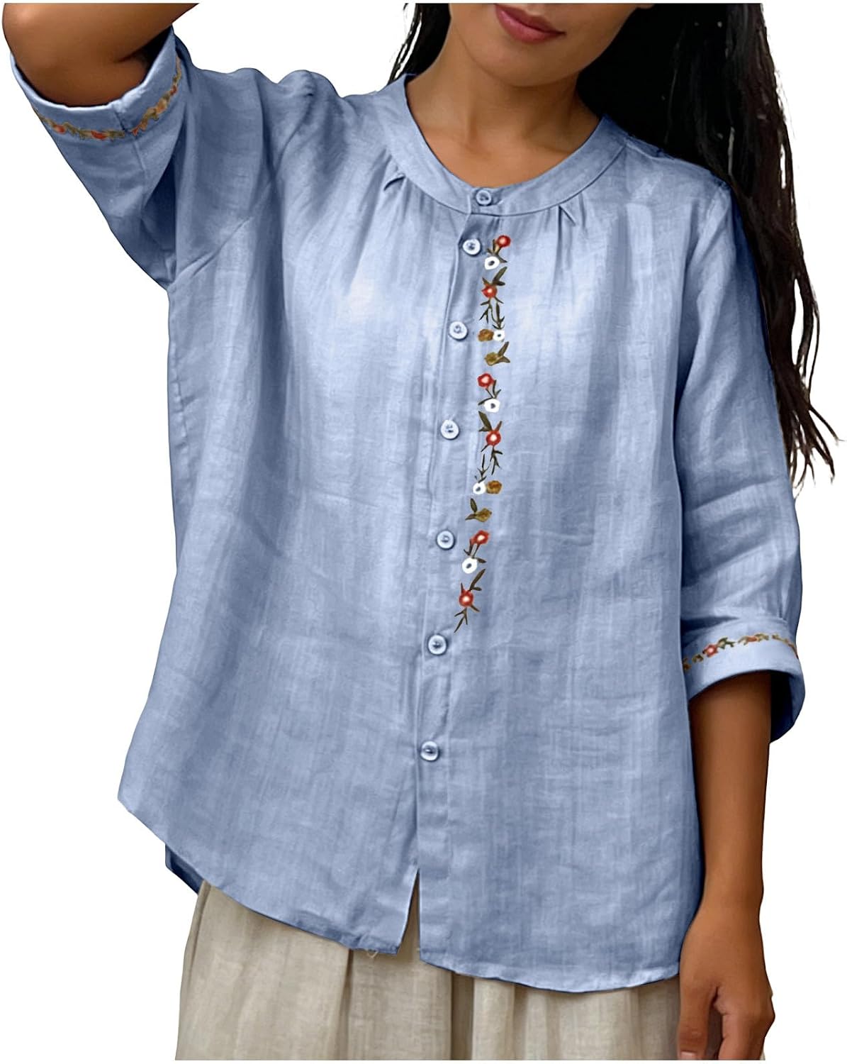 3/4 Sleeve Cotton Linen Blouses for Women Crew Neck Floral Embroidered Tops Loose Vacation Boho Peasant Gauze Shirts