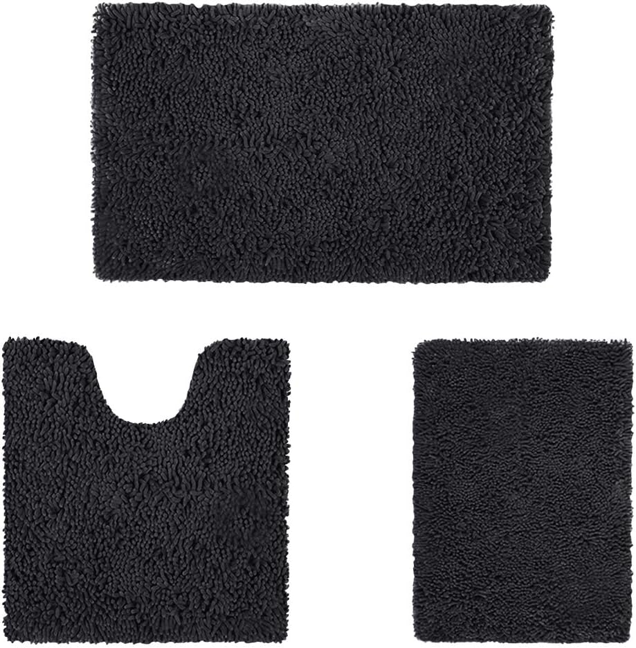 HOMEIDEAS Black Bathroom Rugs Set, Extra Soft Chenille Bath Rugs Mat