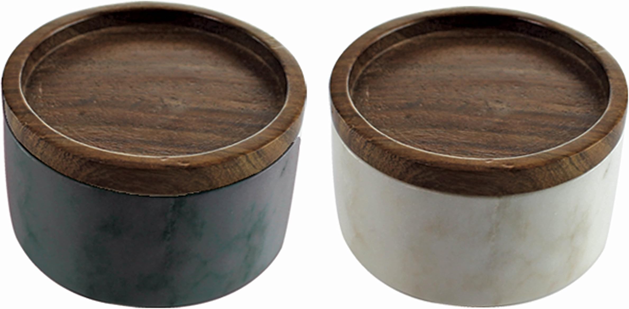 Salt and Pepper Cellar Box Set of Two - Gray and White Marble Covered with Sheesham Wood Lid