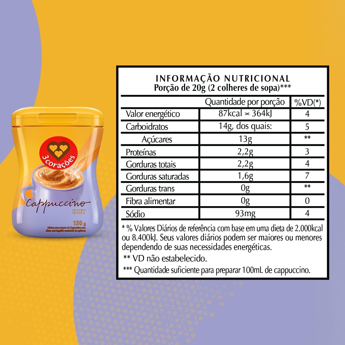 3 Corações Cappuccino Diet, 150g