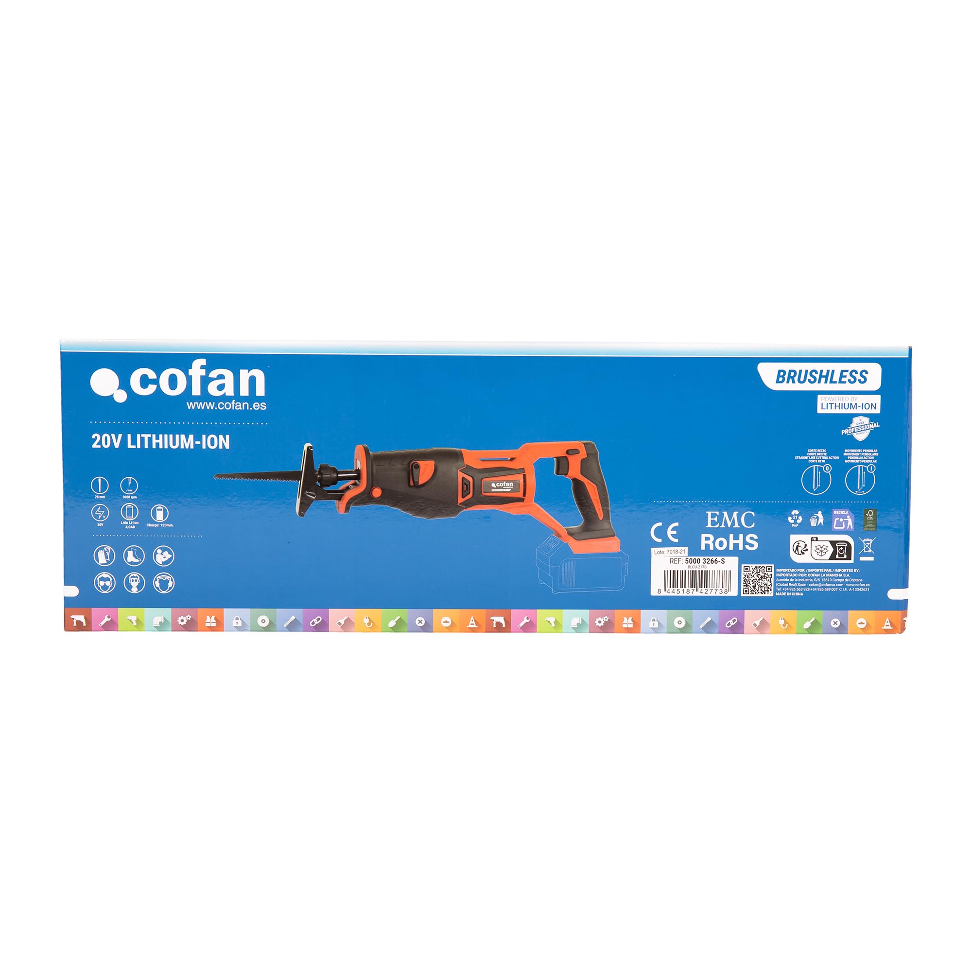 Cofan Sierra de sable a batería | Potencia: 20 V | Motor sin escobillas | Velocidad variable 0–3000 rpm | Corte 200 mm Madera / 50 mm Metal | Batería y cargador no incluidos