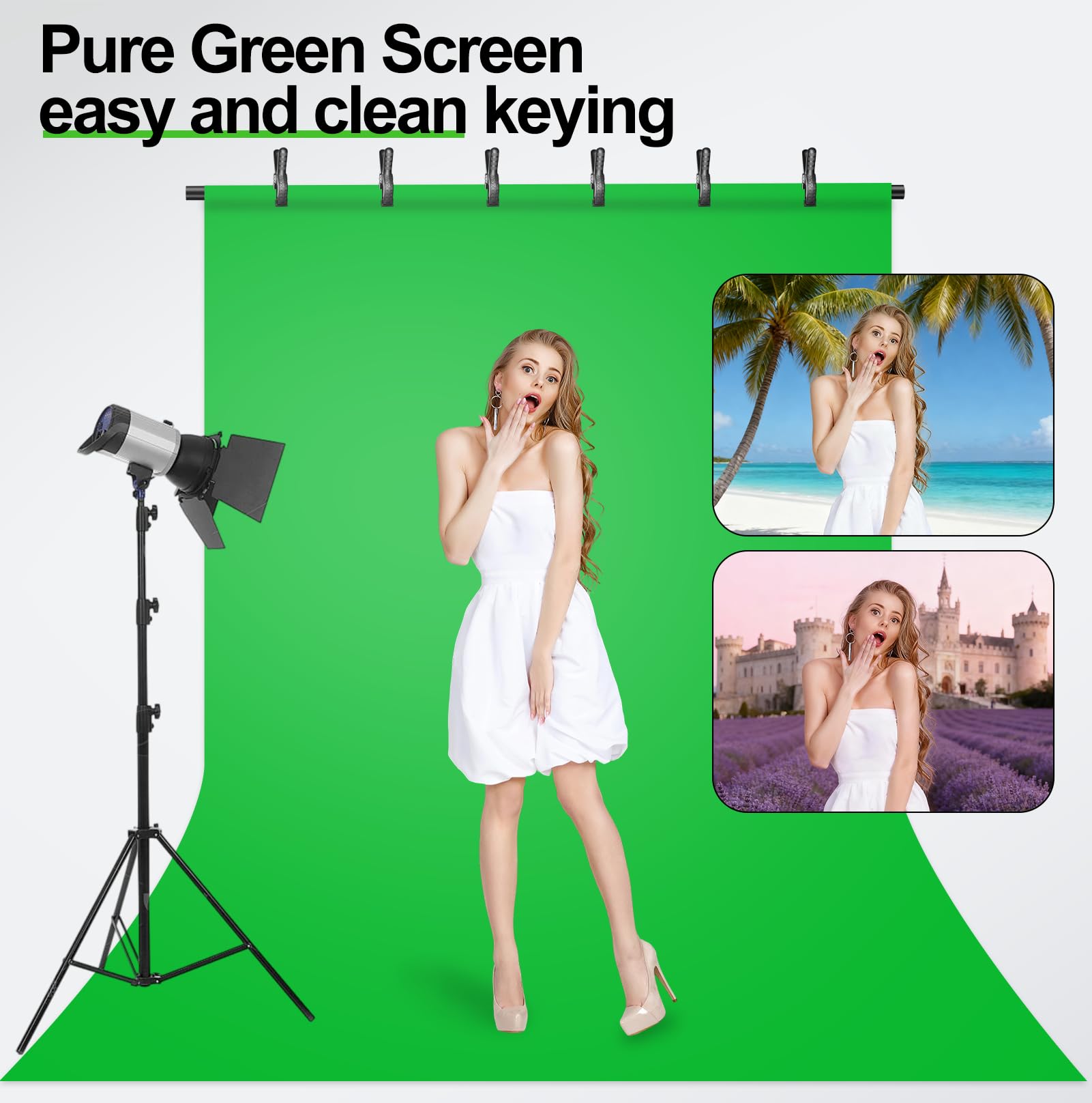 Kit de telón de fondo de pantalla verde, 1,5 x 2 m, fondo de pantalla verde con soporte portátil en forma de T para estudio fotográfico, grabación de video, transmisión, juegos | Juego de soporte de fondo ajustable en forma de T, tecla croma, transmisión,