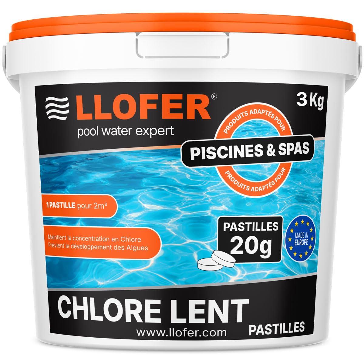 Chlore Multifonction en Pastilles de 20g -3kg- Désinfection Longue Durée 7 Actions,Haute Teneur en Chlore (92%), Fabriqué en Europe