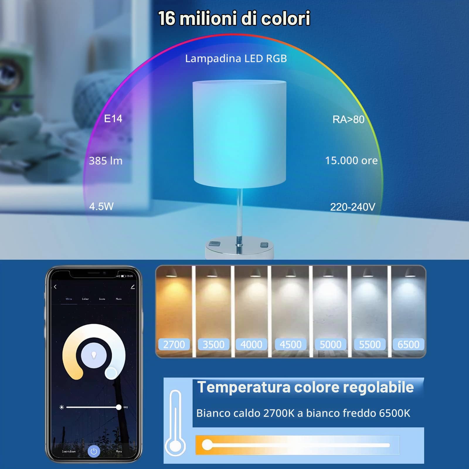 ANTELA Lampadina Smart Alexa E14 4,5W, LED Lampadina Intelligente Wifi | RGB 2700K-6500K, Compatibile con Google Home, Controllo APP, 4 Pz, 2.4Ghz wifi