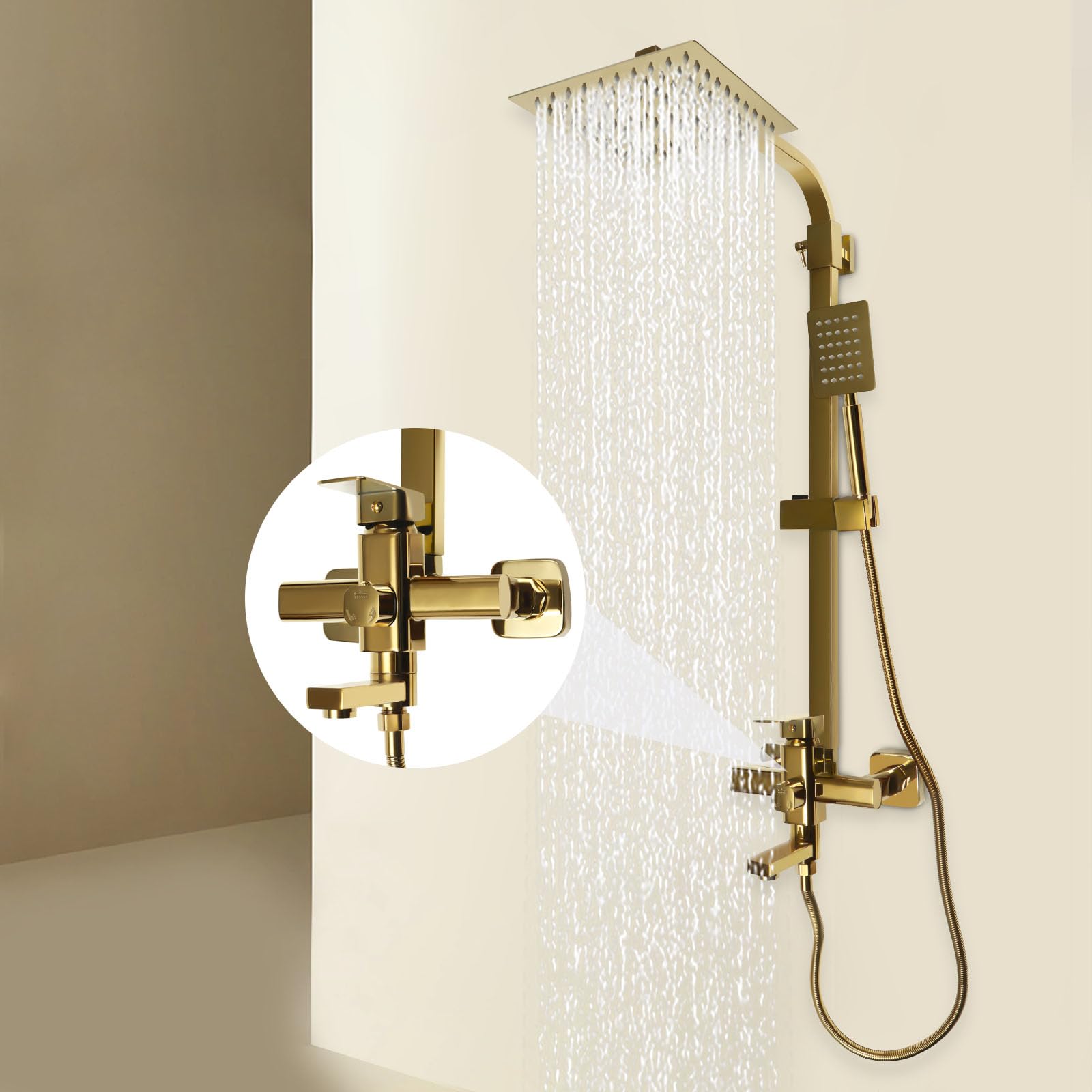 Deszczownica system prysznicowy, kompletny zestaw 3 w 1, złoty mosiądz, regulacja wysokości 85-124 cm z 20 cm słuchawką prysznicową, słuchawka prysznicowa, armatura wannowa 1,5 m, wąż ze stali