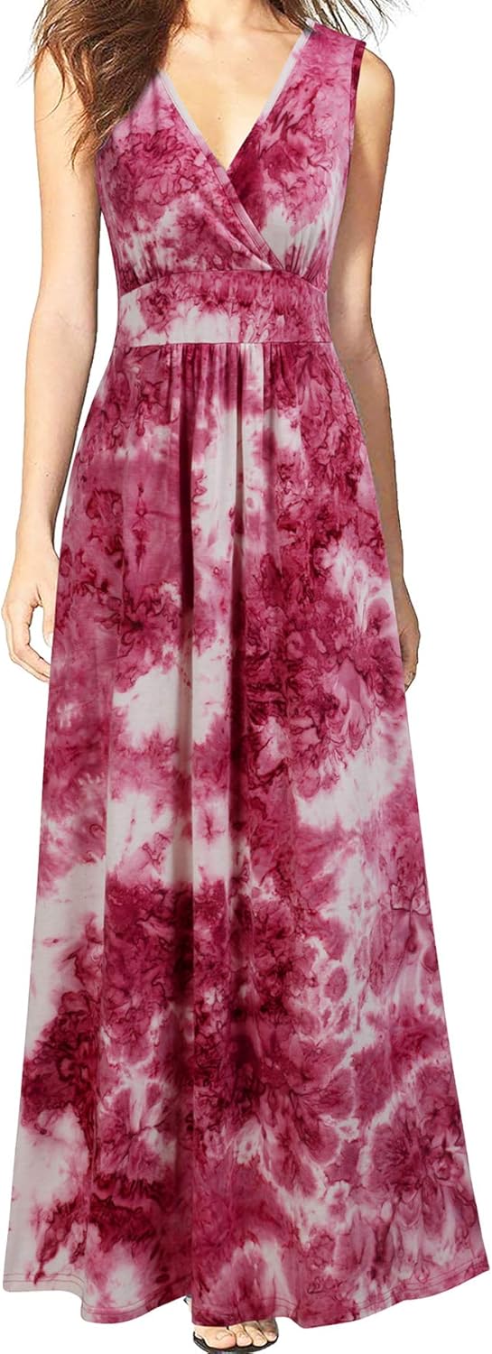 WOOSEA Women Sleeveless Deep V Neck Loose Plain Long Maxi Casual Dress