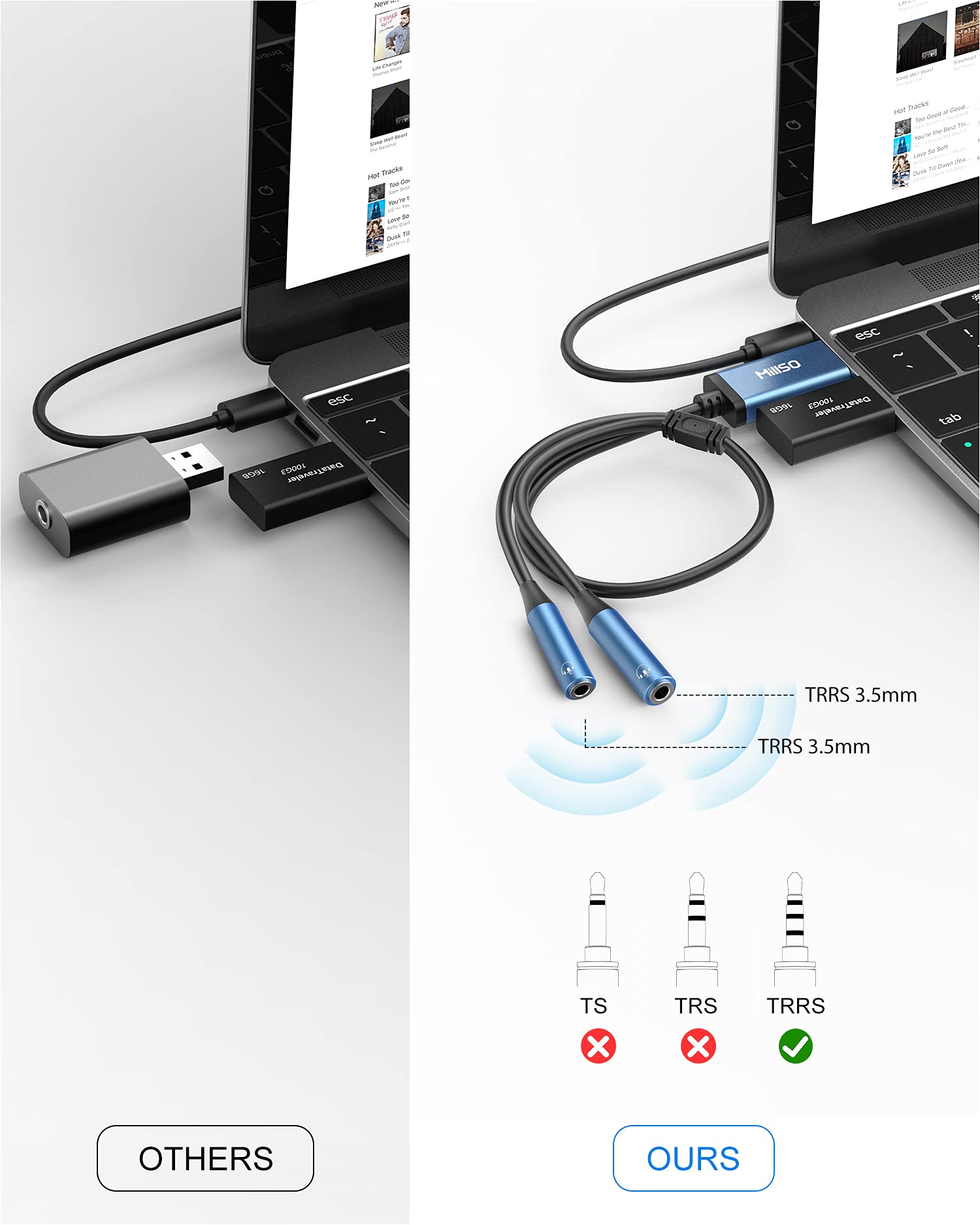Adaptador USB a conector de audio dual de 0.138 in, tarjeta de sonido estéreo externa TRRS azul zafiro para auriculares estéreo para dos auriculares, altavoces a una PC, laptop, escritorio, 4