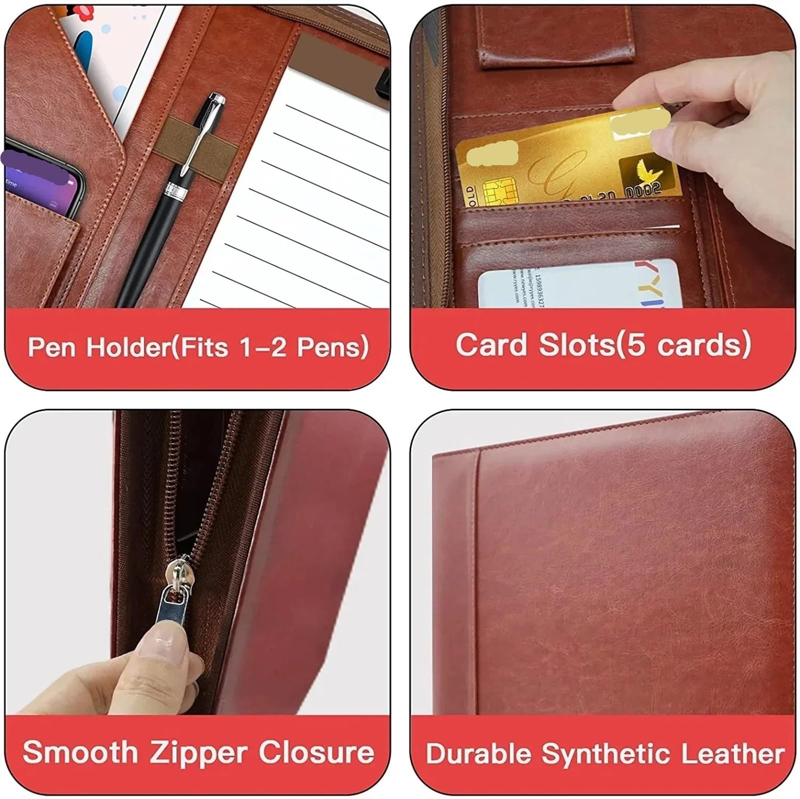 Cartella Portadocumenti A4 Cartelle Organizzatore File Aziendale Cartella Documenti Biglietti da Visita Multifunzionale Cancelleria Con Cerniera Porta Contratto Pelle(Brown)