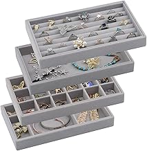 4-Pack Velvet Jewelry Trays Organizer – Stackable Multi-Slot Display Case Drawer Inserts for Rings, Earrings, Necklaces, Bracelets, Watches & Brooches