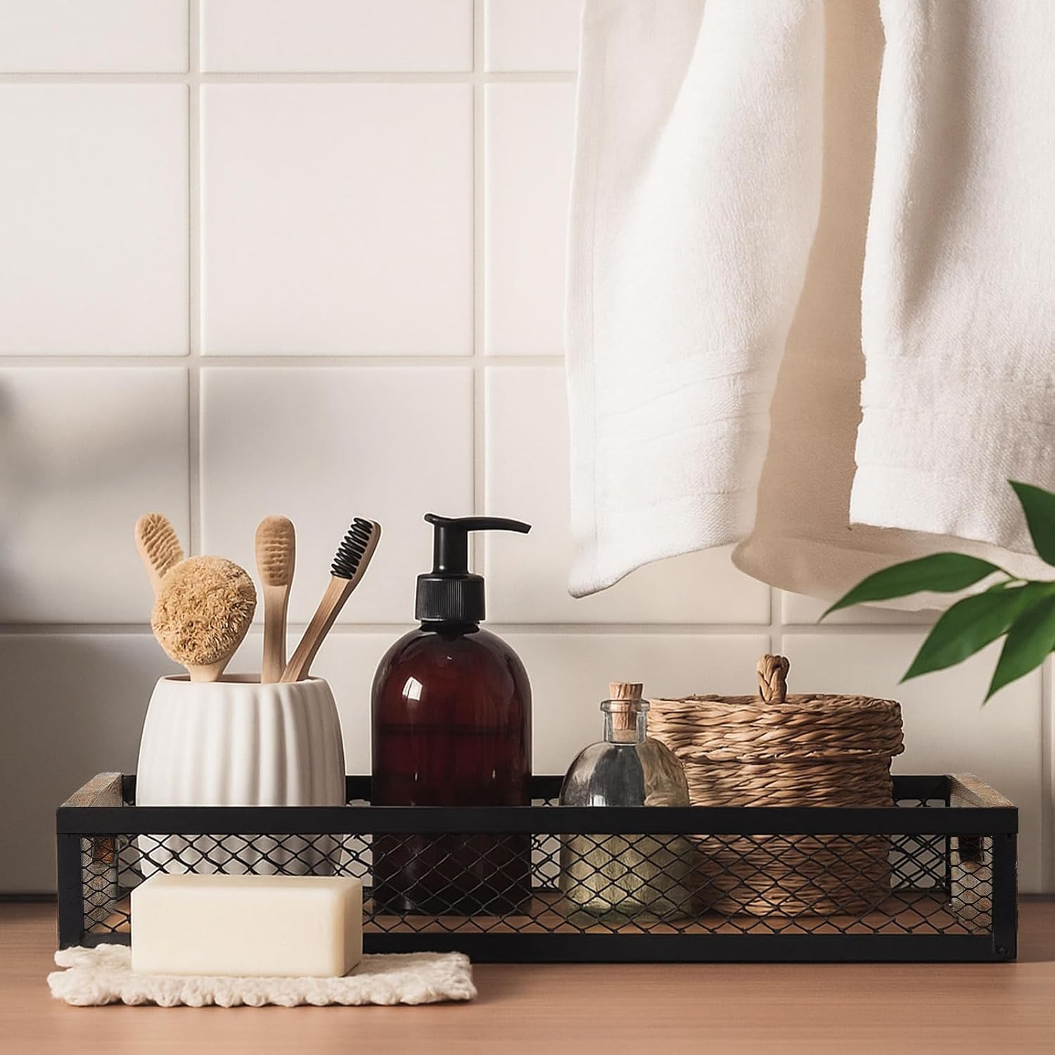 Kathfly Toilet Tank Tray Set (2 Pack), Rustic Toilet Top Storage Basket with Handle + Wooden Vanity Tray, Bathroom Counter Organizer for Paper, Wipes, Perfume & Decoration - Image 3