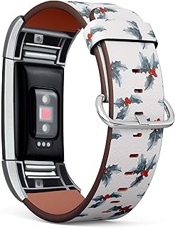 Q-Beans Leather Band Compatible with Fitbit Charge 2, Replacement Strap Bracelet Wristband and Adapters // Leaf Christmas Holly