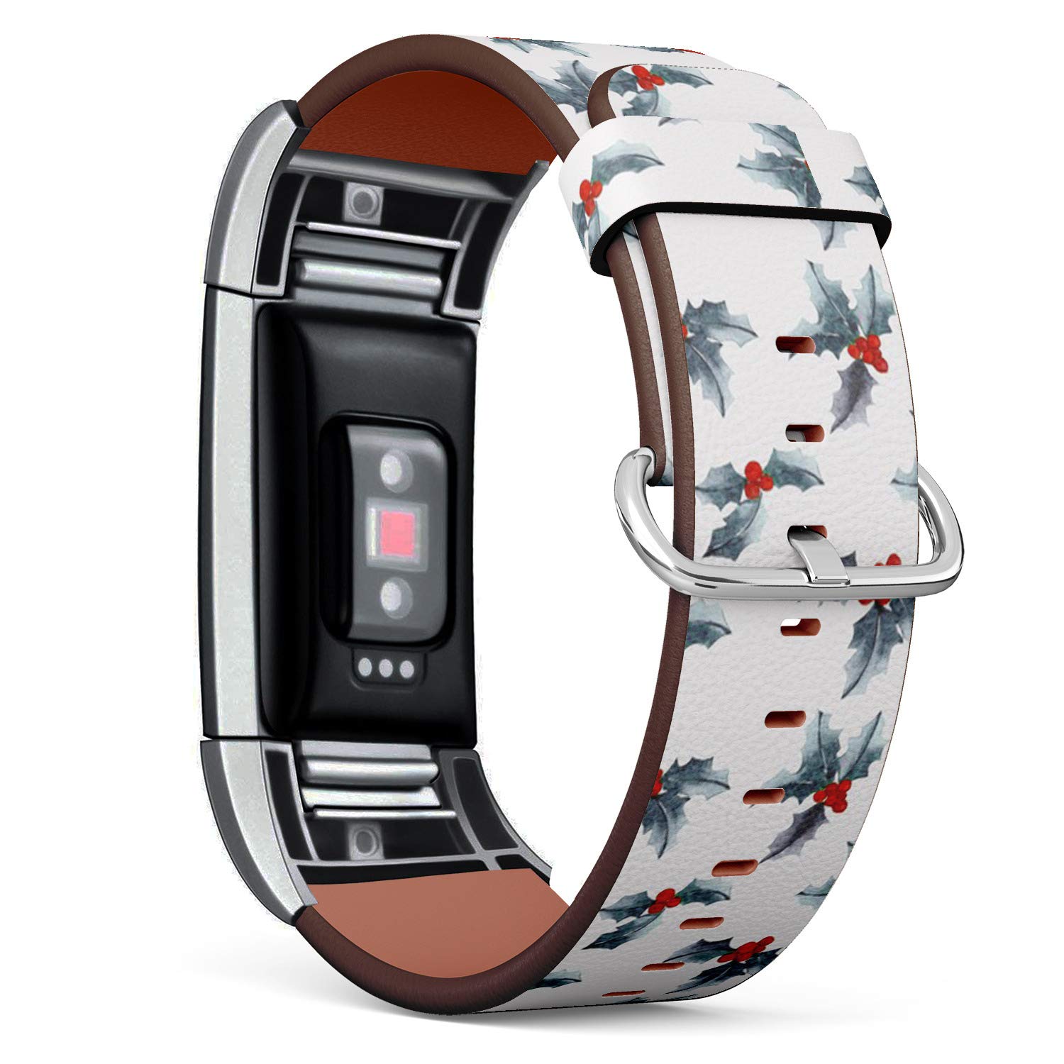 Q-Beans Leather Band Compatible with Fitbit Charge 2, Replacement Strap Bracelet Wristband and Adapters // Leaf Christmas Holly
