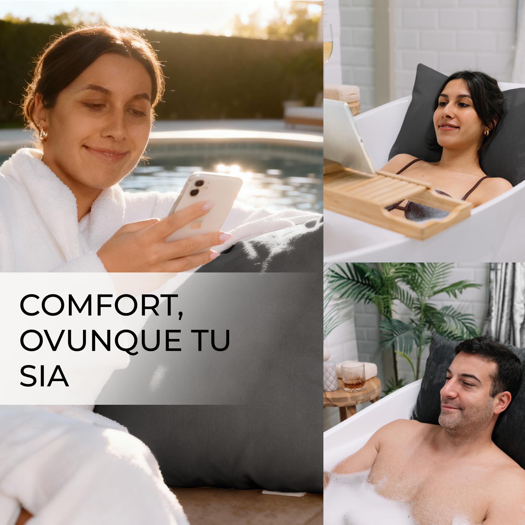 Cuscino vasca da bagno - Spesso e comodo, per supporto testa, collo e schiena - Materassino vasca da bagno lavabile e a rapida asciugatura, perfetto per bagno rilassante in casa - Grigio scuro