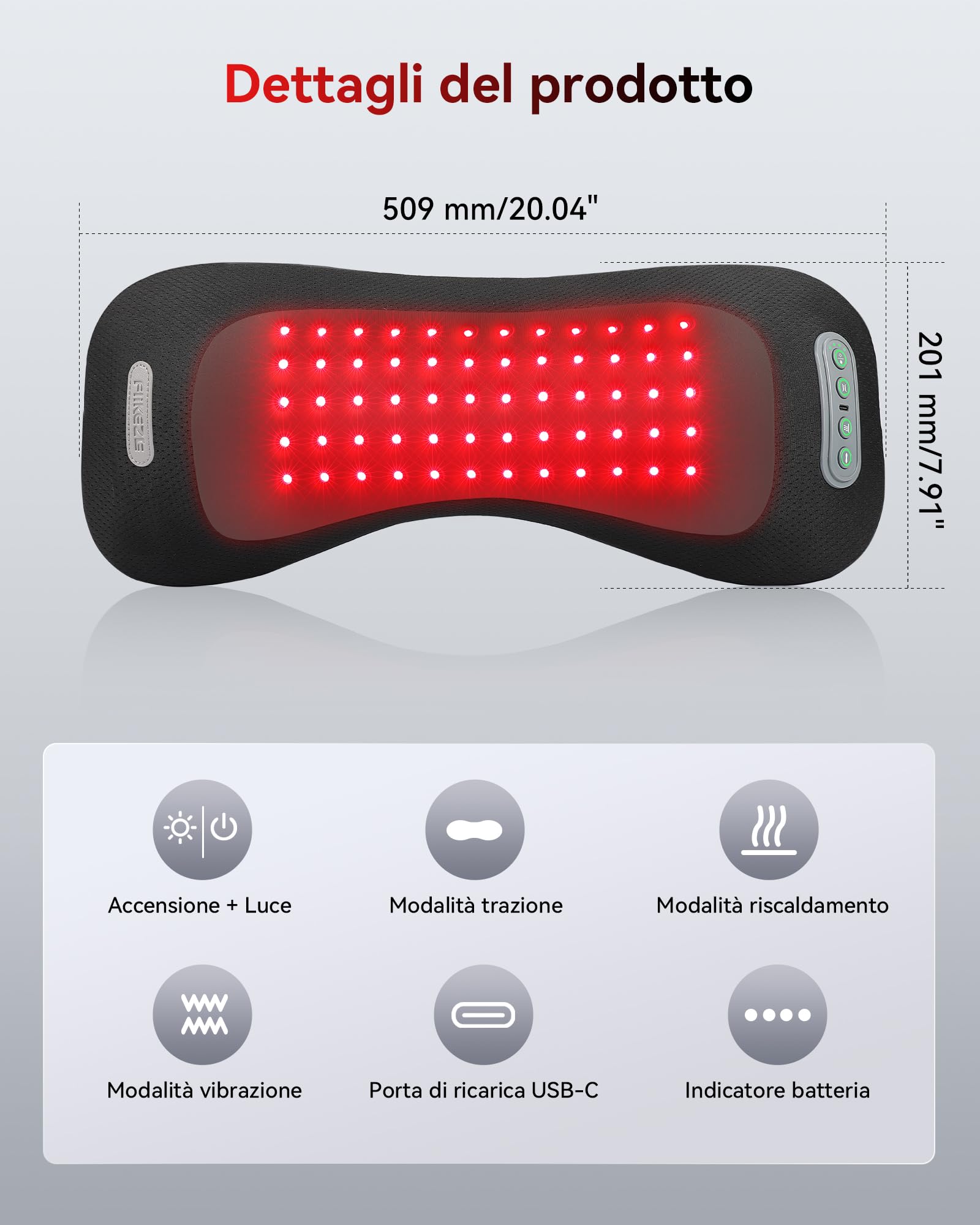 FliKEZE 4 in 1 Cuscino Massaggiante Lombare con Luce Rossa, 5000mAh | Cuscino massaggiante senza fili e ricaricabile con calore, vibrazione e supporto ad aria per casa, ufficio e viaggio