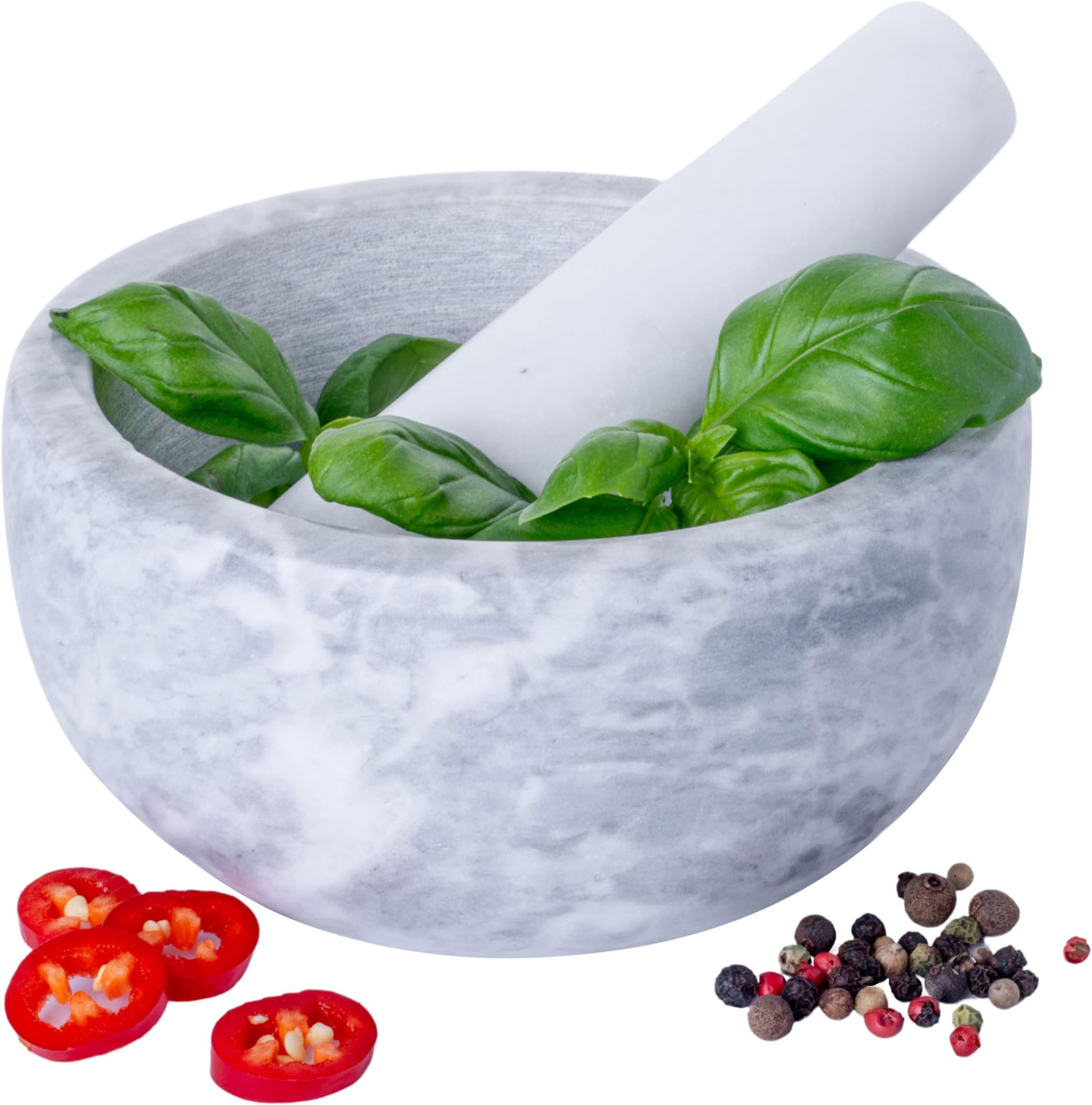 Homiu Marble Pestle And Mortar Set | Premium Solid Stone Grinder Bowl | Herb Grinder Kitchen | Large 15.5cm Diameter | Ideal for Guacamole Spice Herb Ginger Garlic Crusher