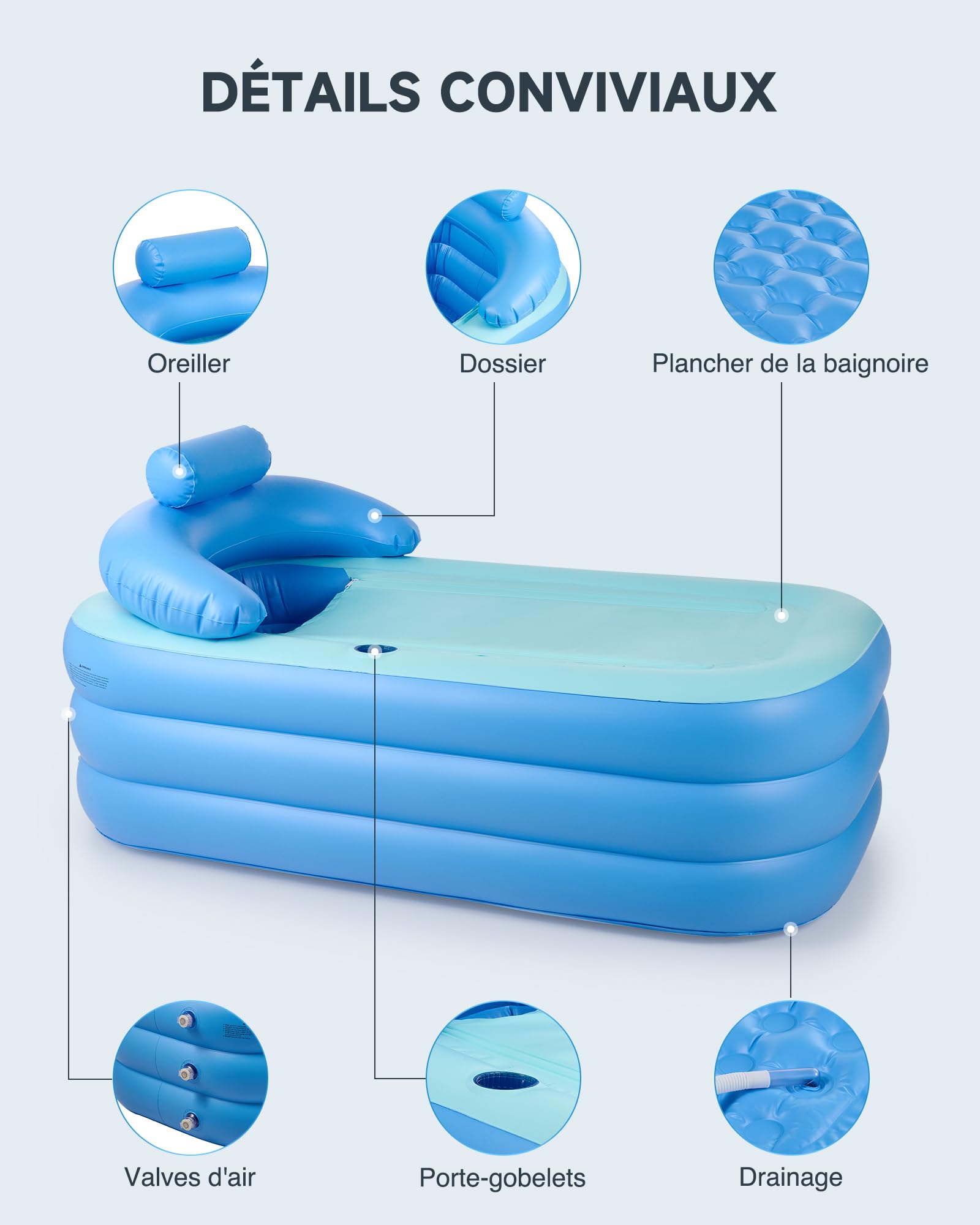 CO-Z Baignoire Gonflable Pliable Portable pour Adultes en PVC, 160x84cm Capacité 220kg, avec Couvercle Détachable Porte-Gobelet Pompe à Pied