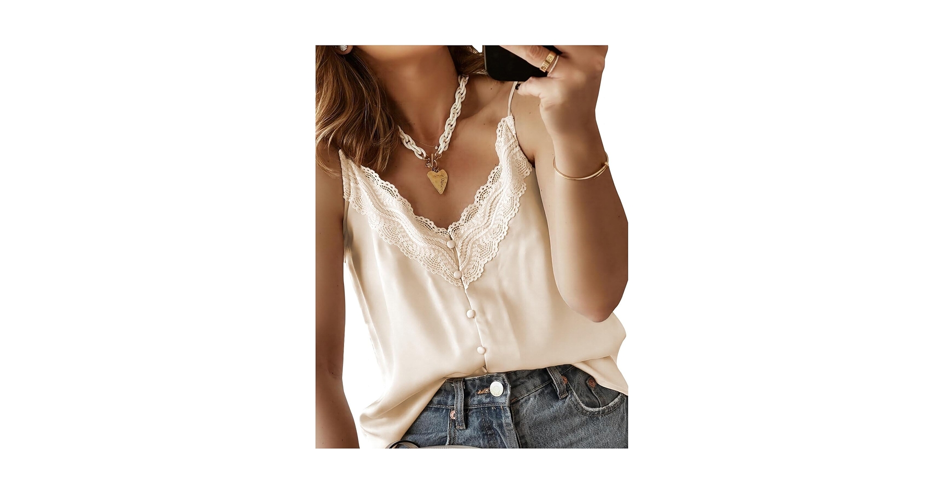 miduo Womens Polyester Blend V Neck Lace Trim Buttoned Cami