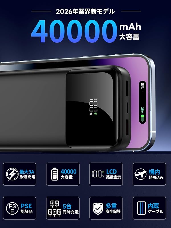 モバイルバッテリー 大容量 40000mAh【2026新型・5台同時充電・22.5W急速充電】モバイルバッテリー 軽量 小型 スマホ充電器 携帯充電器 LCDディスプレイ残量表示 Type-C入出力兼用 2USB出力ポート 最大3A出力 PSE認証済 安全設計&回路保護 iOS/Android各種スマホ対応 アウトドア/キャンプ旅行/出張/停電対策/防災