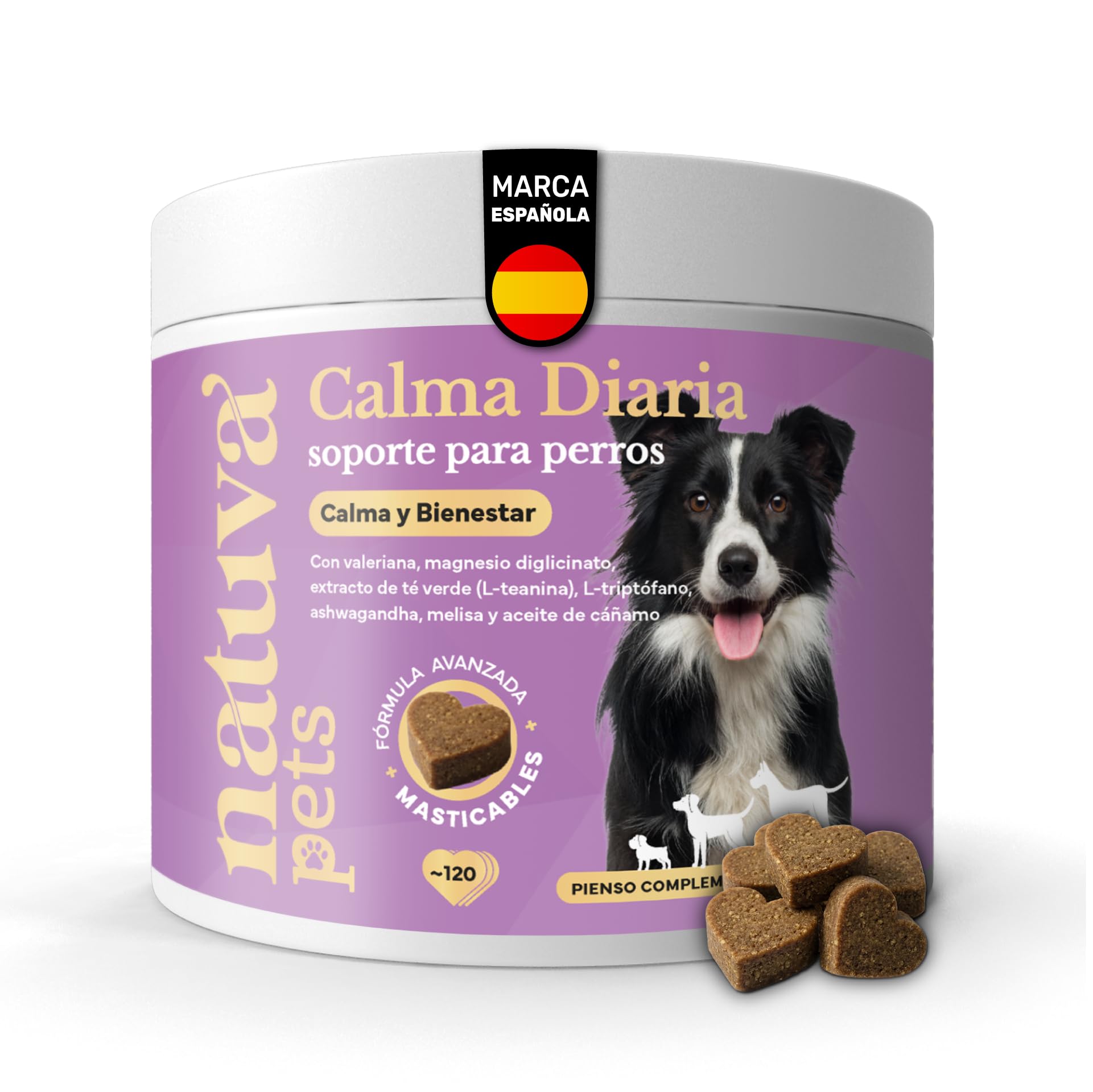 natuva pets Calmante para Perros - 120 Masticables con L-Triptófano, Ashwagandha, Magnesio, Melisa y Valeriana - Golosinas Relajantes para Perros - Ansiedad, Separación, Estrés, Petardos