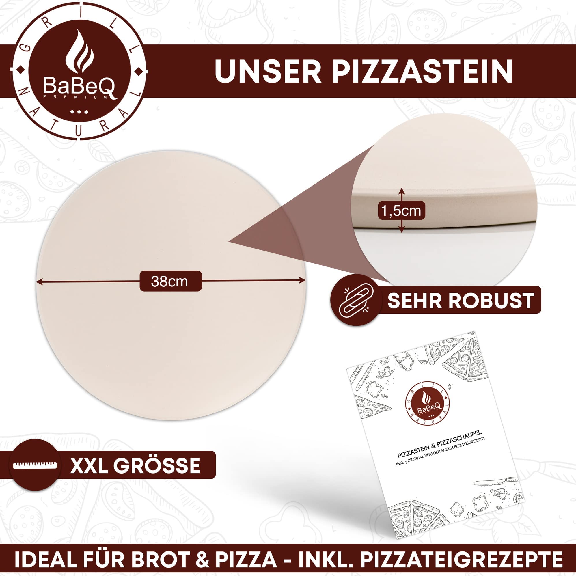 3-in-1 Set aus Pizzastein für Grill & Backofen inkl. Pizzaschieber & Pizzaring für Kugelgrill - Cordierit Pizza-Ofen-Stein rund Ø 38cm 1,5cm dick mit Pizzaschaufel & Pizza-Clip für Weber-Grill