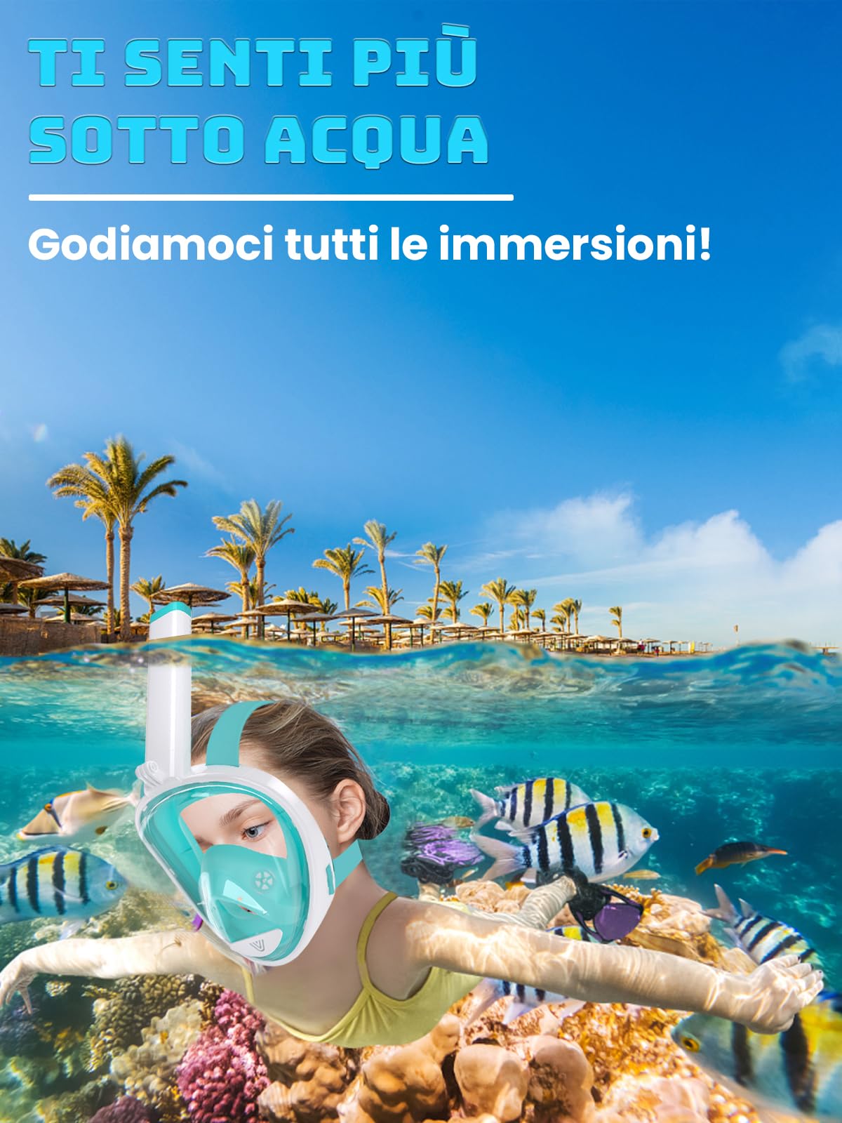 Vitare Maschera da Snorkeling per Adulti e Bambini, Maschera Subacquea Integrale Tecnologia Antiappannamento, Maschera da Mare con Supporto per Fotocamera, Maschera da Sub per Immersioni