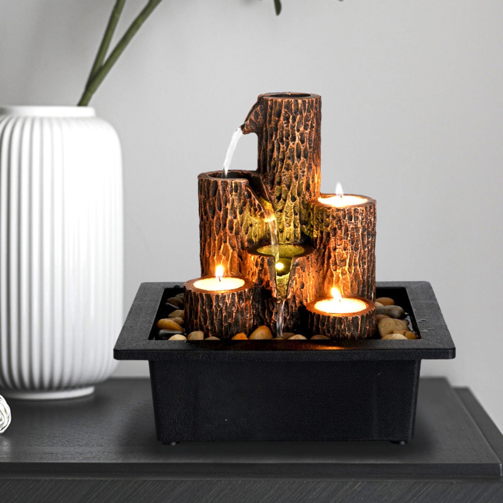 MIXIUJIEN Fontana da tavolo con struttura in legno naturale - Fontana a cascata a 3 livelli for il relax in casa e in ufficio