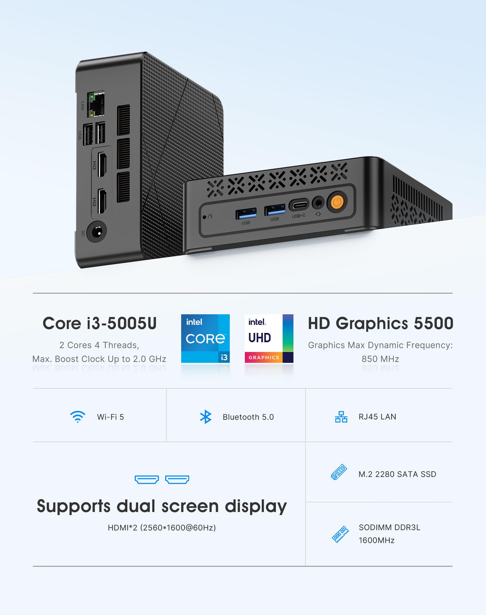 C3 Mini PC Core i3 5005U (hasta 2,0 GHz, 2C/4T), 8 GB DDR3 RAM 512 GB SSD, Doble Pantalla/W10 Pro/WiFi 5/BT5.0/RJ45 LAN, PC de Escritorio para Oficina/Hogar/Educación